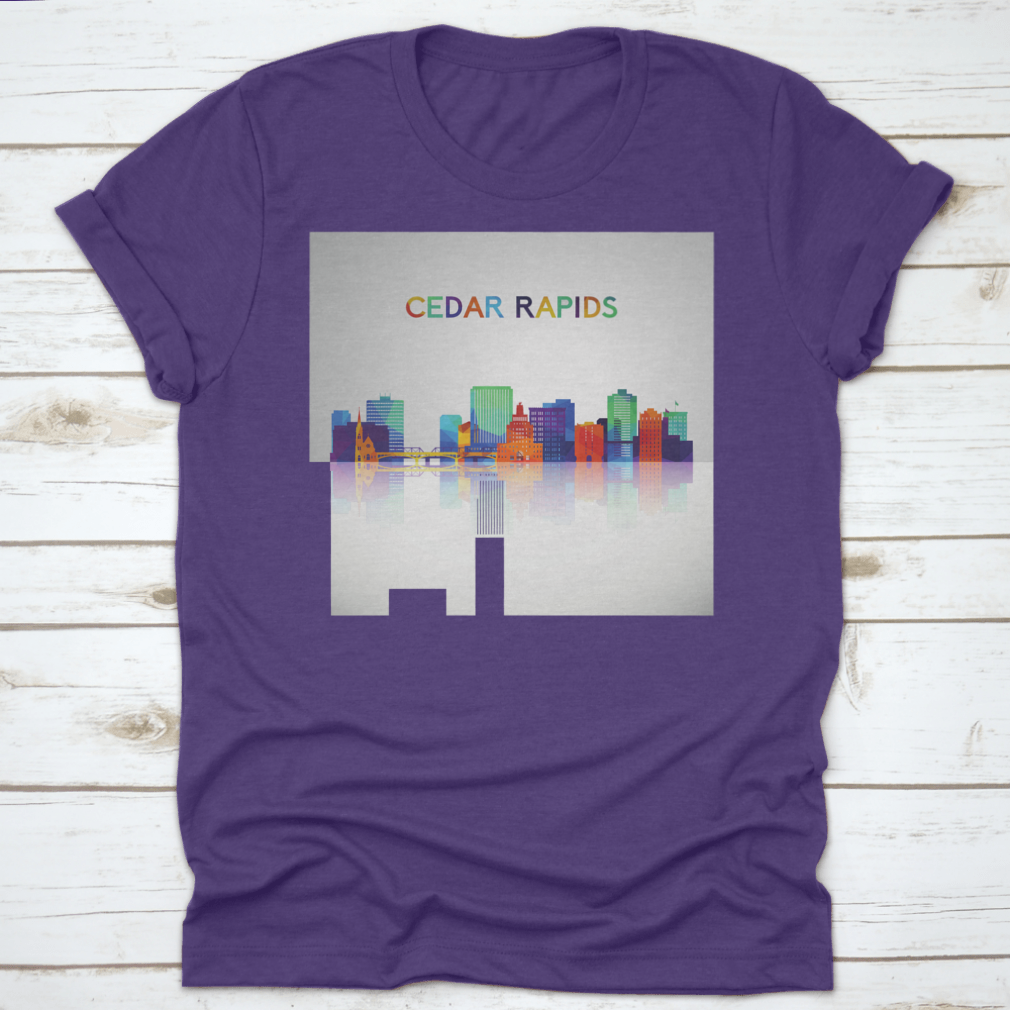 Colorful geometric style Cedar Rapids skyline silhouette on a cotton shirt, showcasing vibrant colors and modern design.