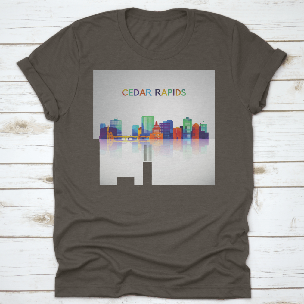 Colorful geometric style Cedar Rapids skyline silhouette on a cotton shirt, showcasing vibrant colors and modern design.