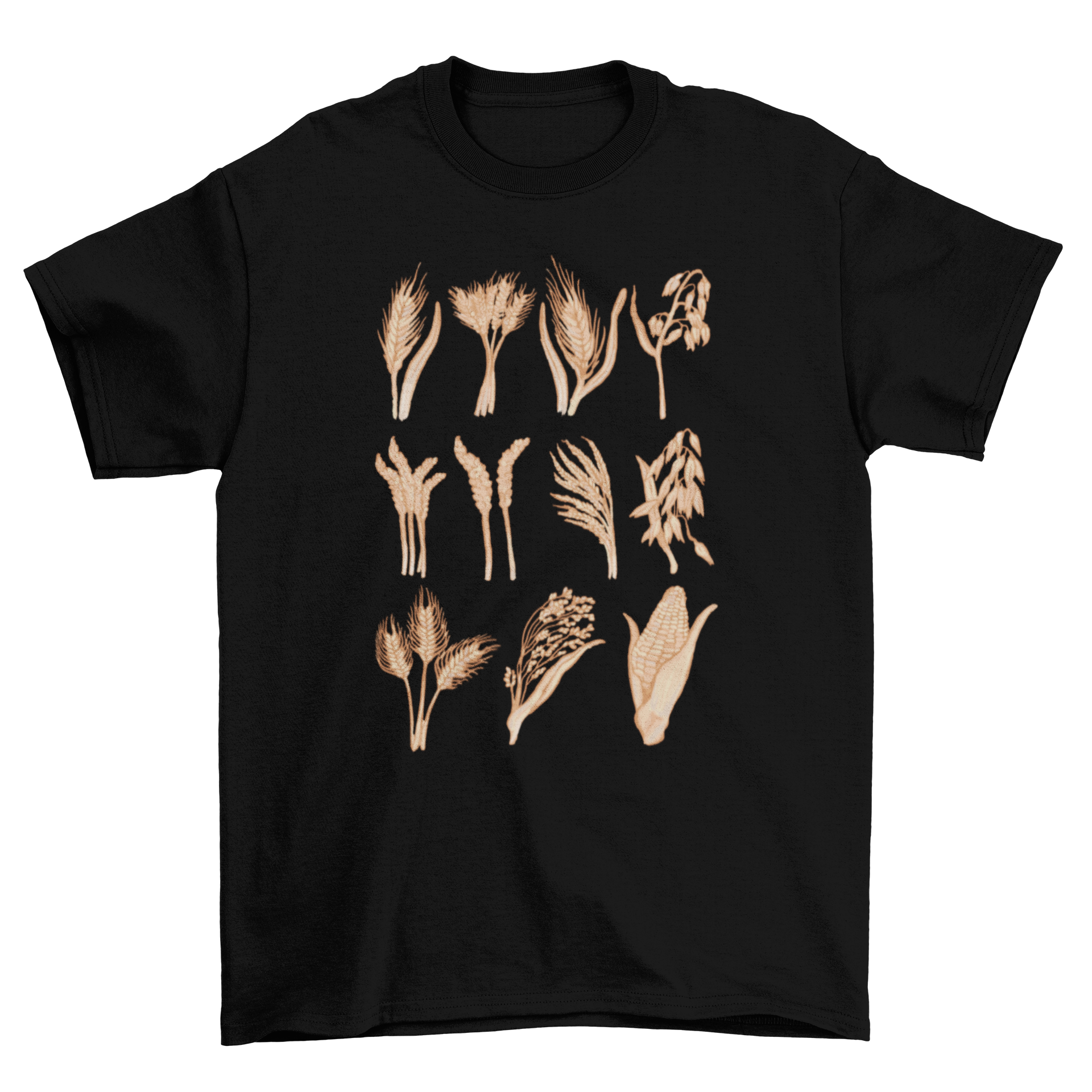 A stylish t-shirt featuring a vibrant watercolor illustration of various cereal plants, showcasing artistic design and soft fabric.