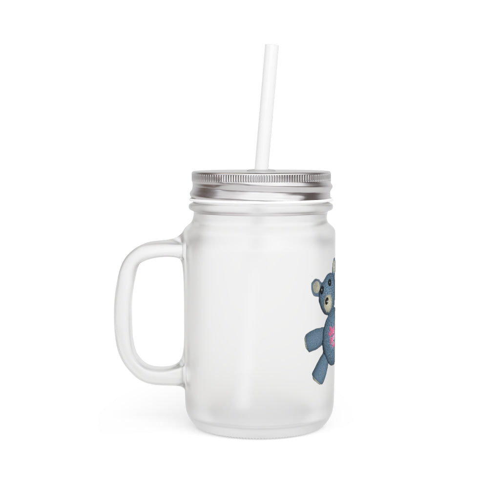 CG Bear Mason Jar made of frosted glass with a straw and lid, perfect for personalized drinks.