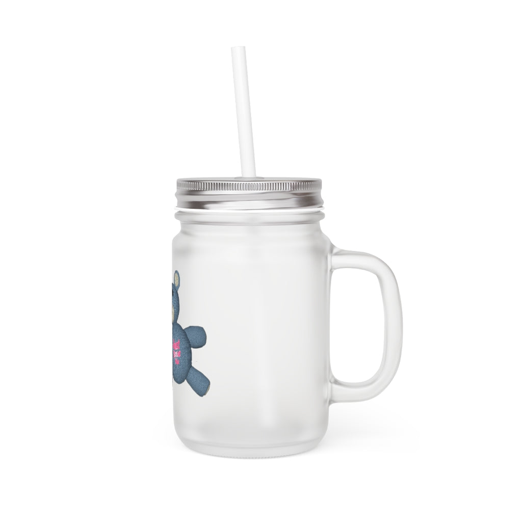 CG Bear Mason Jar made of frosted glass with a straw and lid, perfect for personalized drinks.