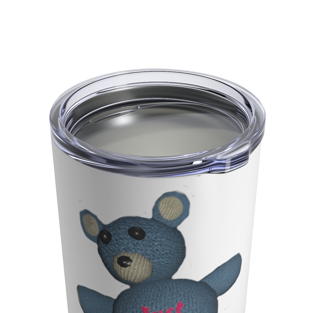 CG Bear Tumbler 10oz in stainless steel with a see-thru plastic lid, showcasing its sleek design and rounded corners.