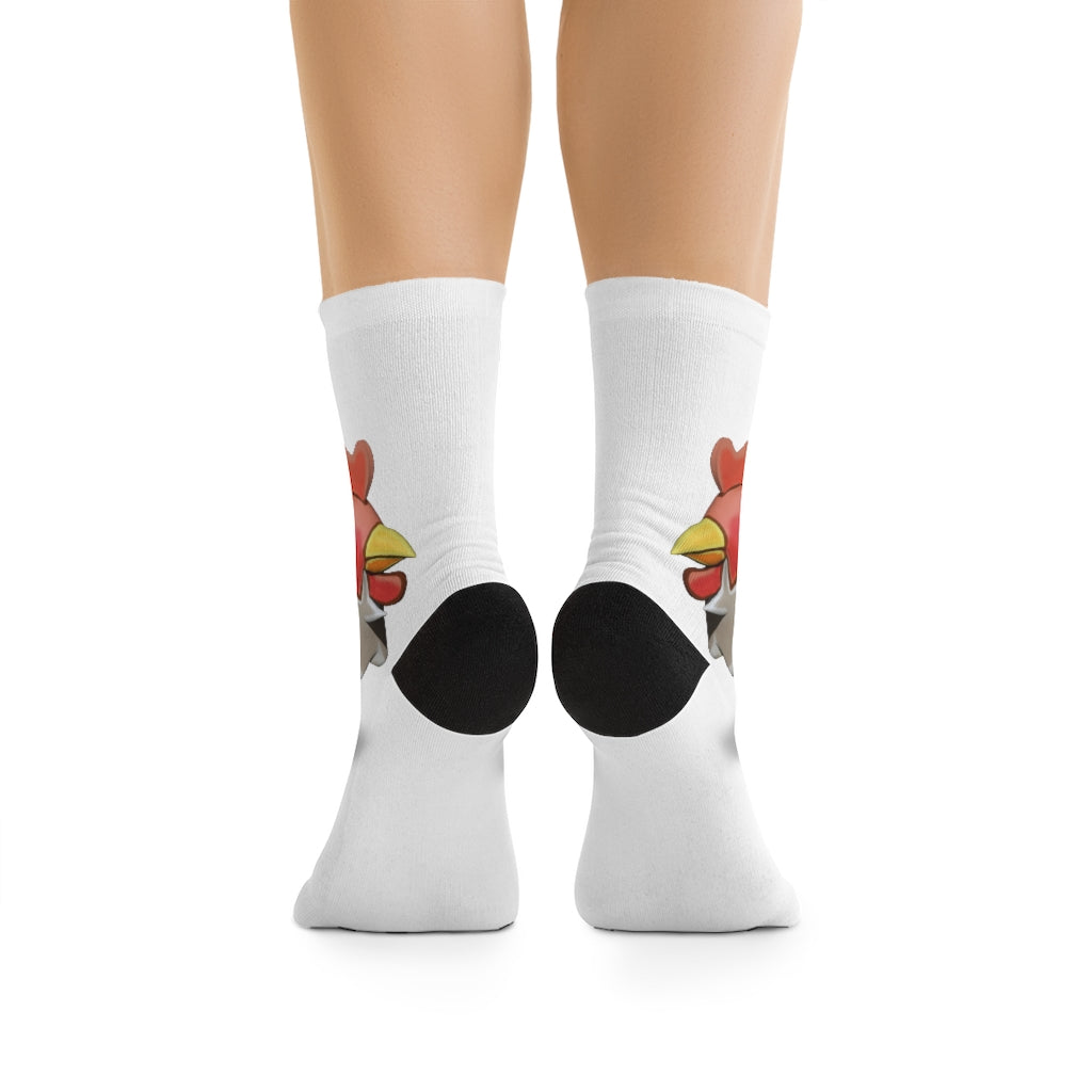 CG Chicken DTG Socks featuring vibrant designs, made from a blend of recycled materials, showcasing their 200 needle knit quality.