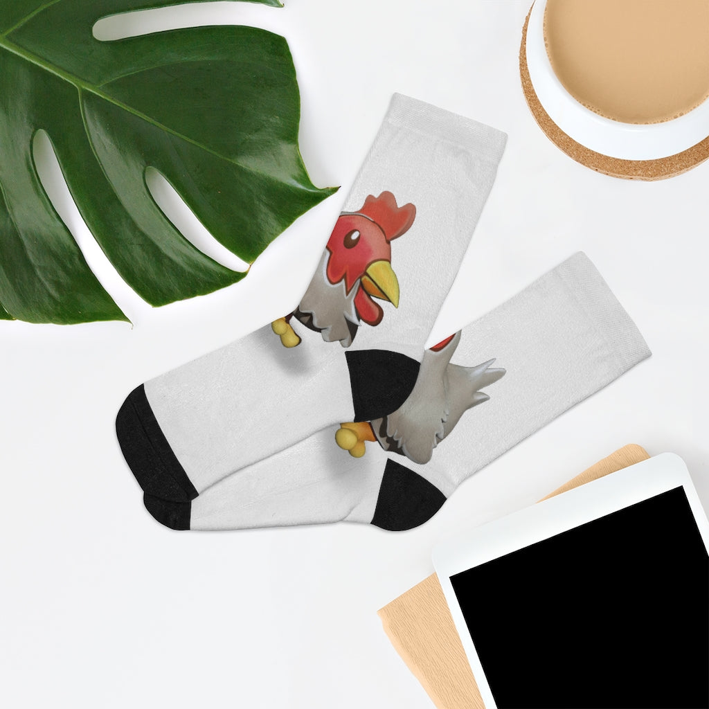 CG Chicken DTG Socks featuring vibrant designs, made from a blend of recycled materials, showcasing their 200 needle knit quality.