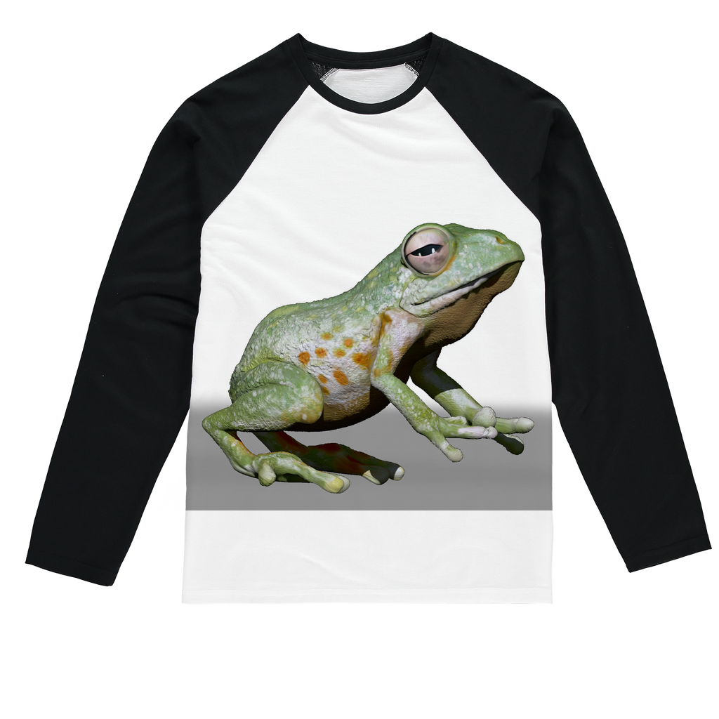 CG Frog Character Sublimation Baseball Long Sleeve T-Shirt featuring vibrant frog design, long sleeves, and crew neck style.
