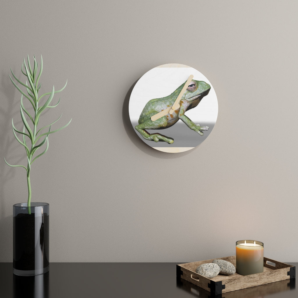 CG Frog Wooden Wall Clock made from sustainable birch plywood, featuring a unique design and available in two sizes.