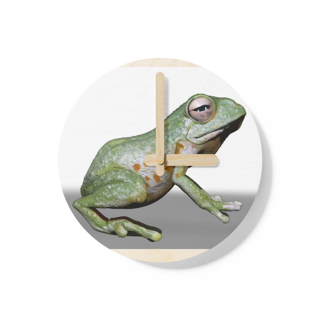 CG Frog Wooden Wall Clock made from sustainable birch plywood, featuring a unique design and available in two sizes.
