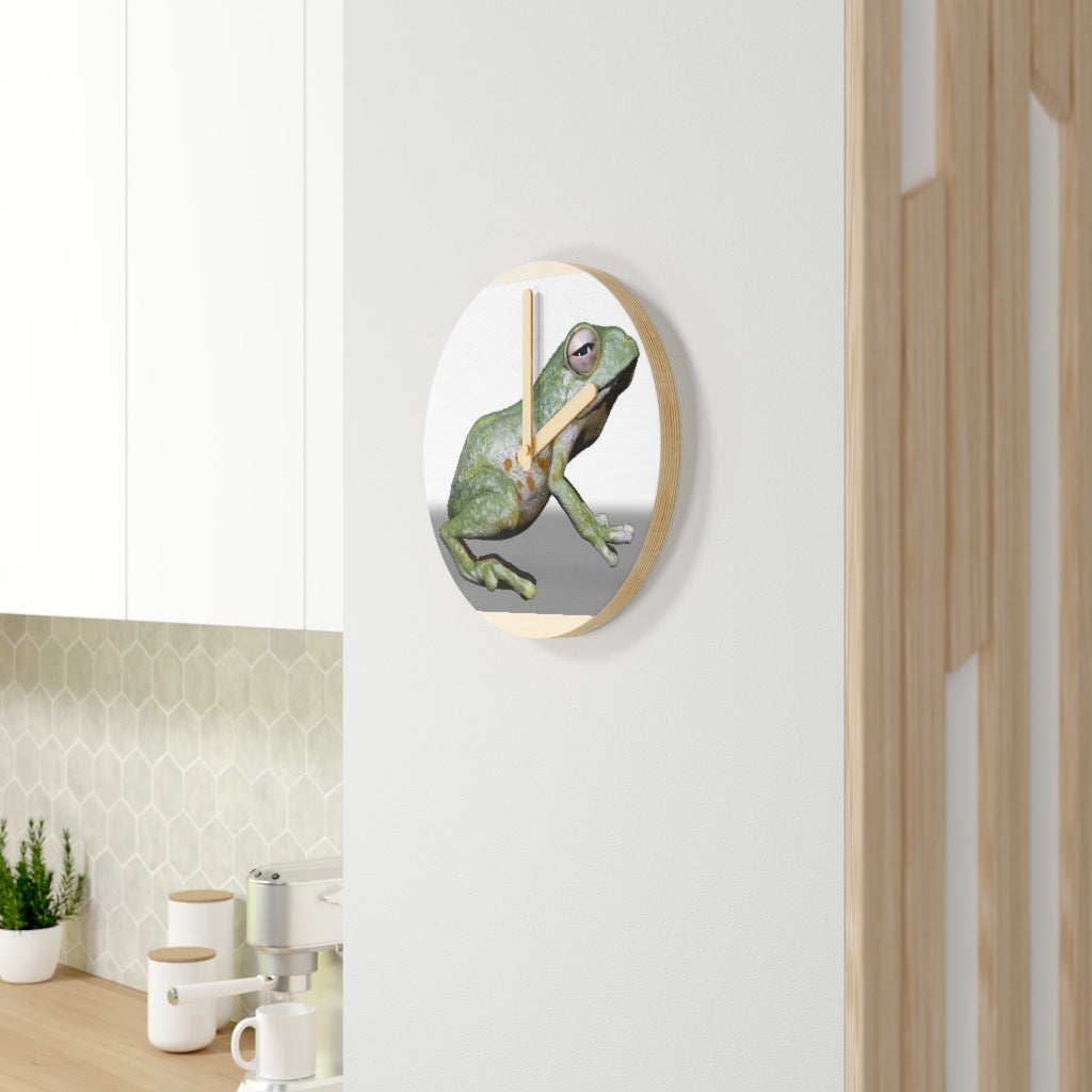 CG Frog Wooden Wall Clock made from sustainable birch plywood, featuring a unique design and available in two sizes.