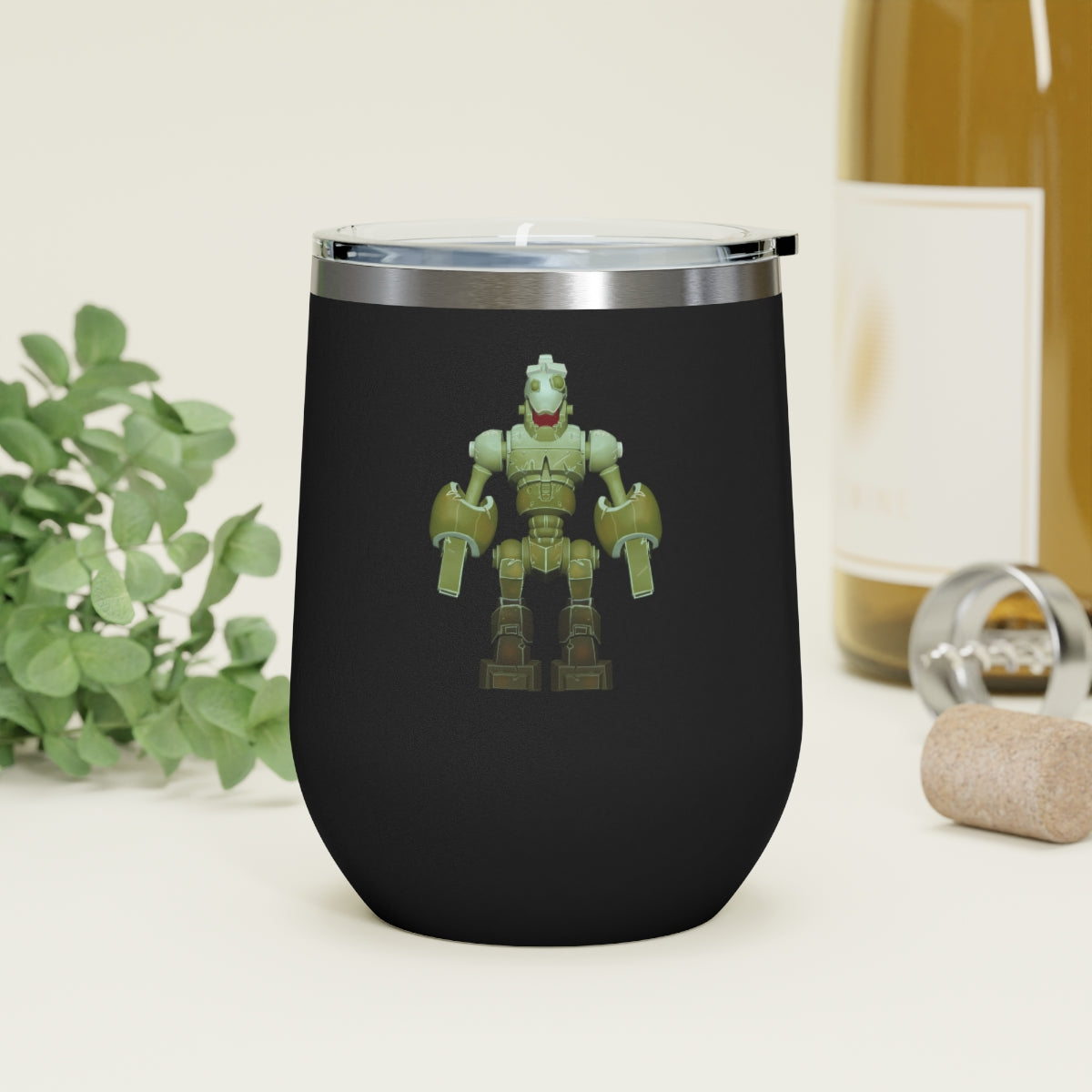 CG Robot 12oz Insulated Wine Tumbler in stainless steel with a clear plastic lid, showcasing a stylish design for hot and cold beverages.