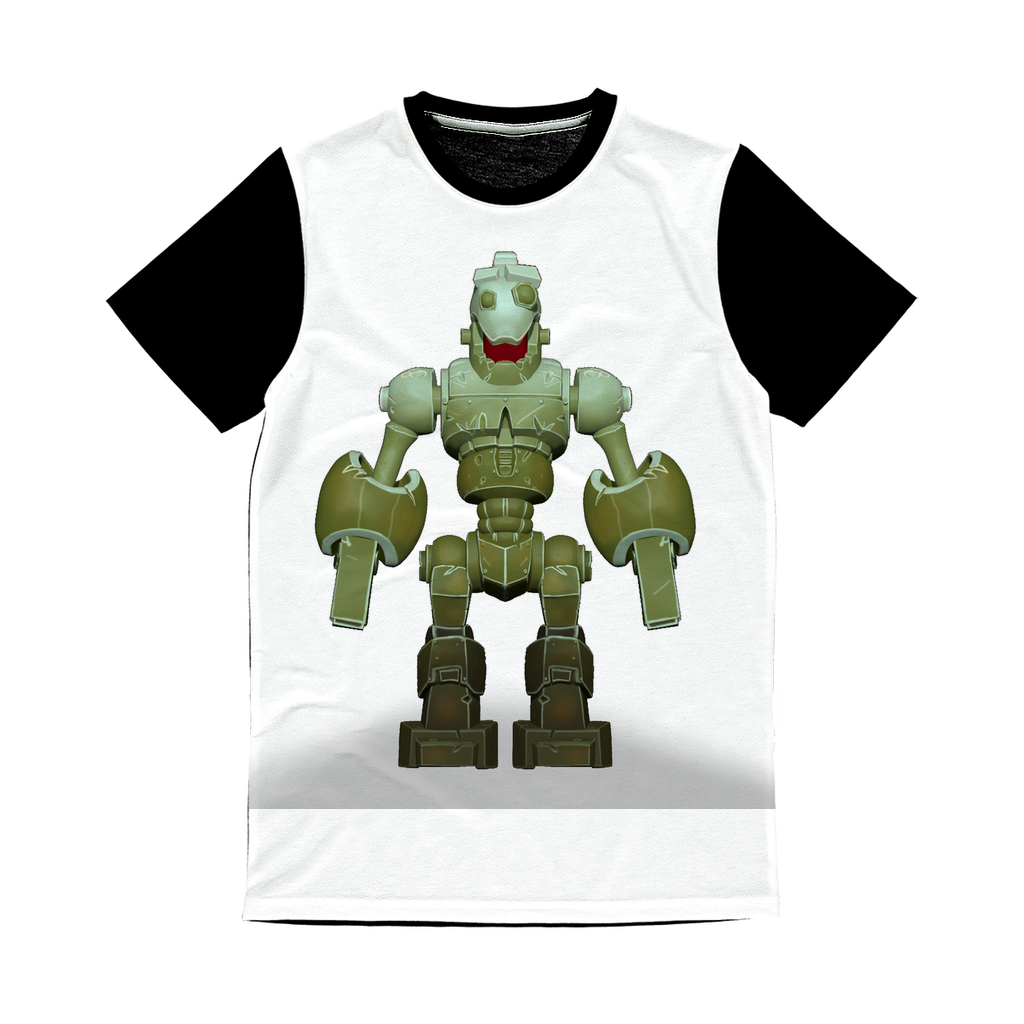 CG Robot Character Classic Sublimation Panel T-Shirt featuring a vibrant front design and plain black back, ideal for sublimation printing.