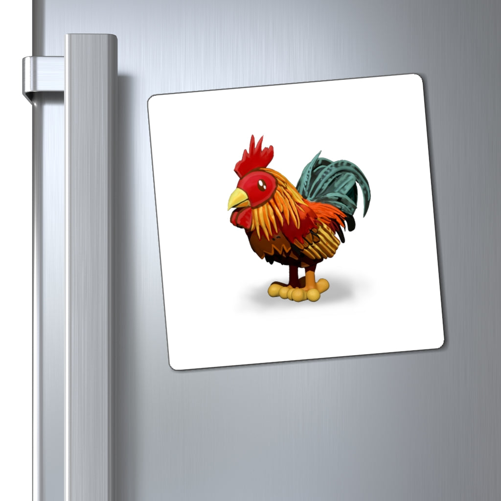 A set of CG Rooster Magnets featuring vibrant designs on a black backing, showcasing their strong hold and lightweight profile.