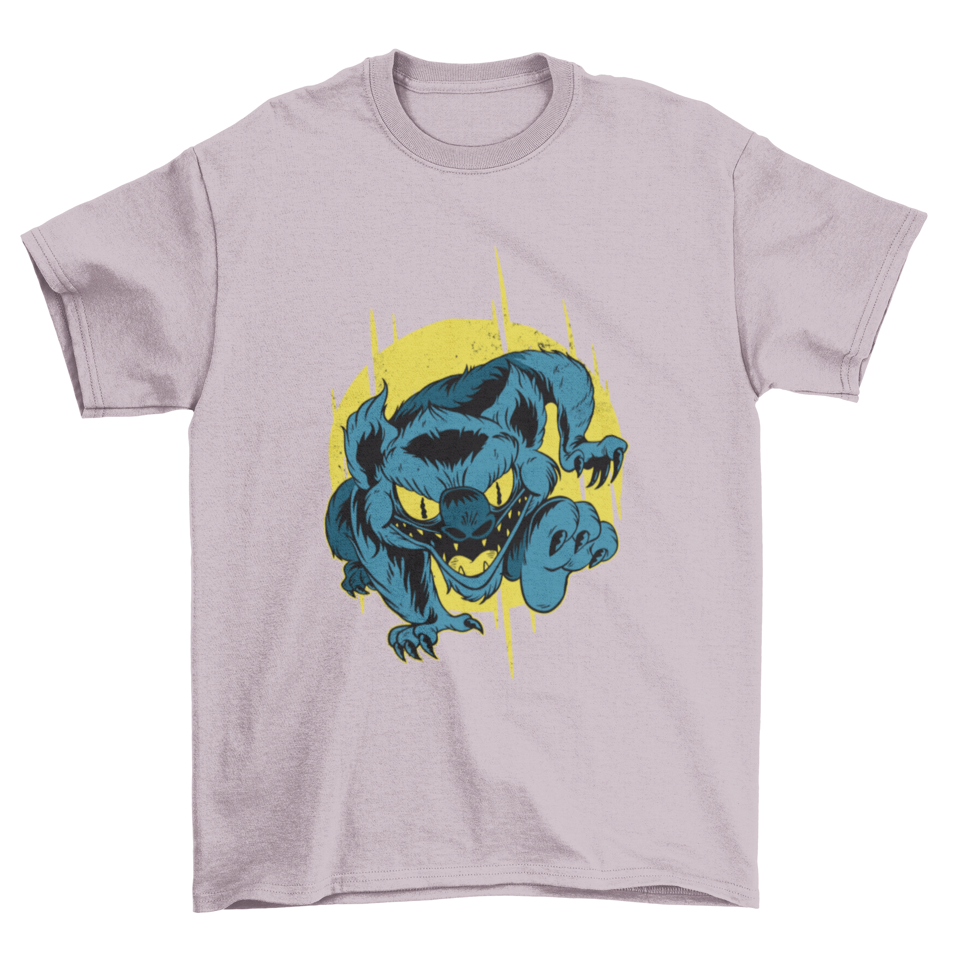 A vibrant T-shirt design featuring a furry charging monster in a playful pose.