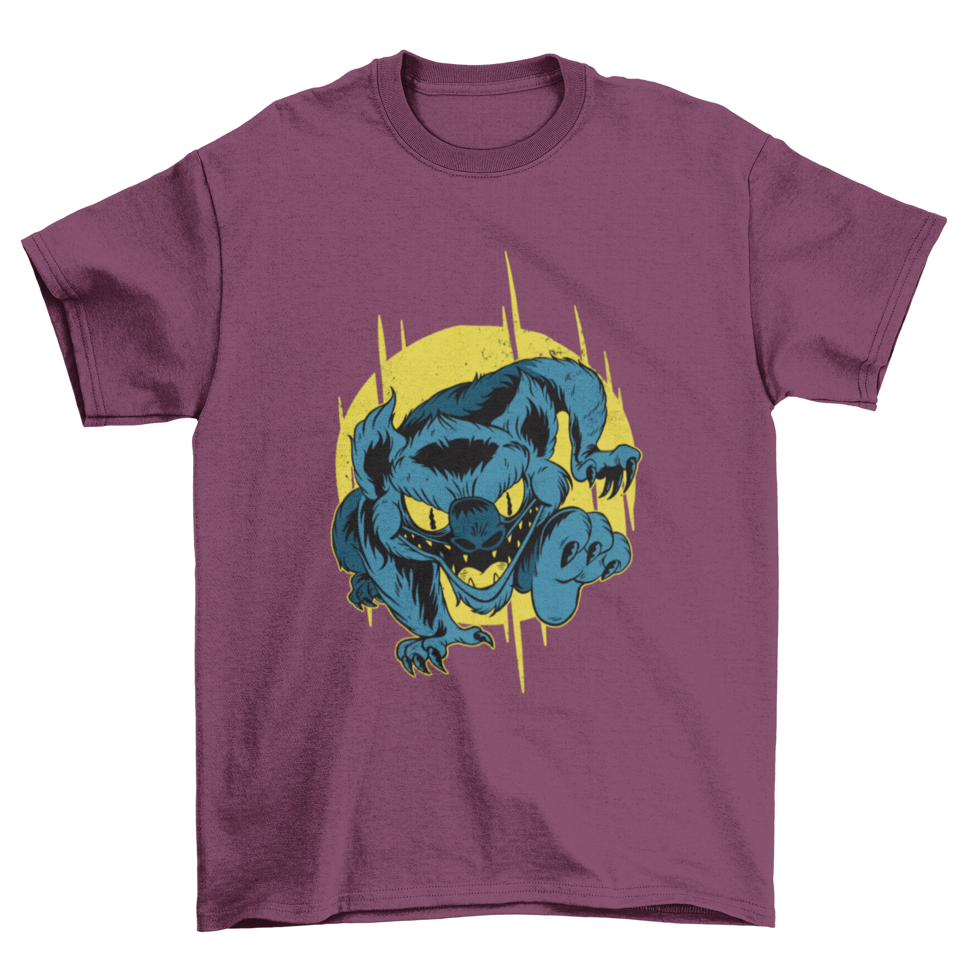 A vibrant T-shirt design featuring a furry charging monster in a playful pose.