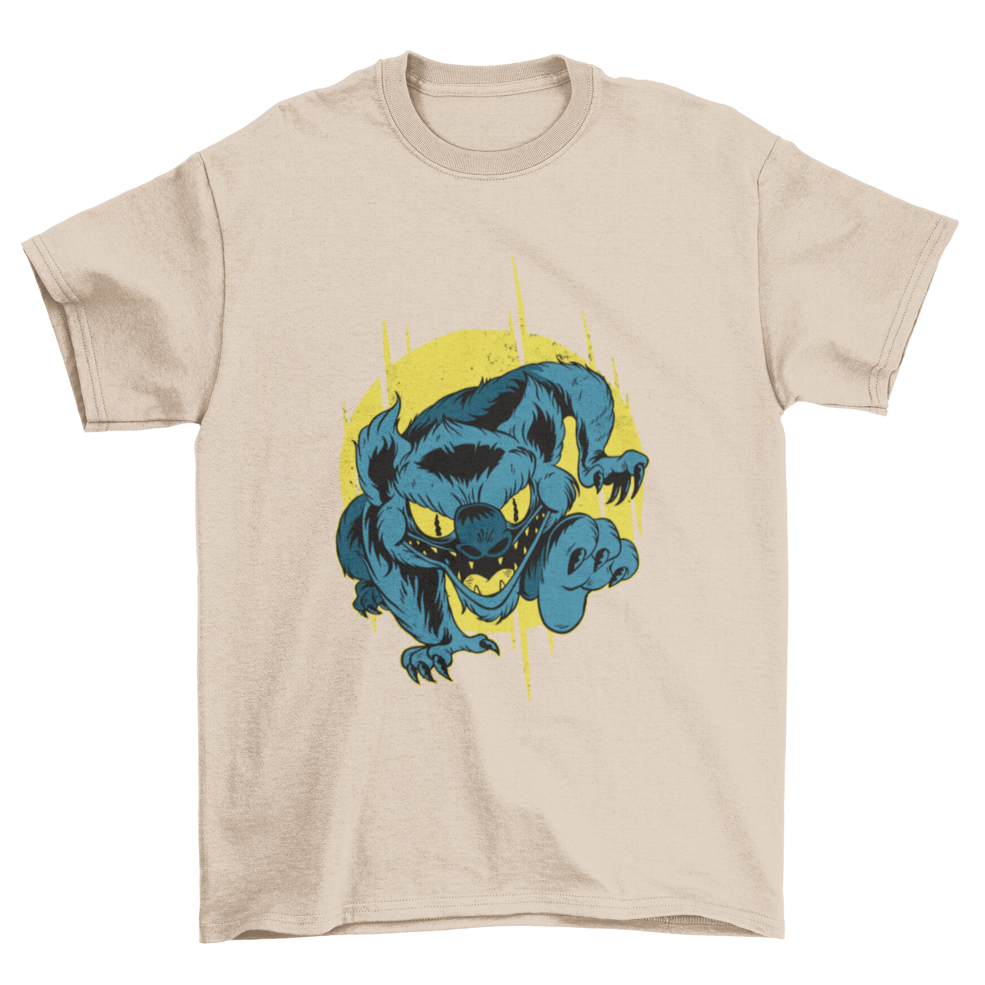 A vibrant T-shirt design featuring a furry charging monster in a playful pose.