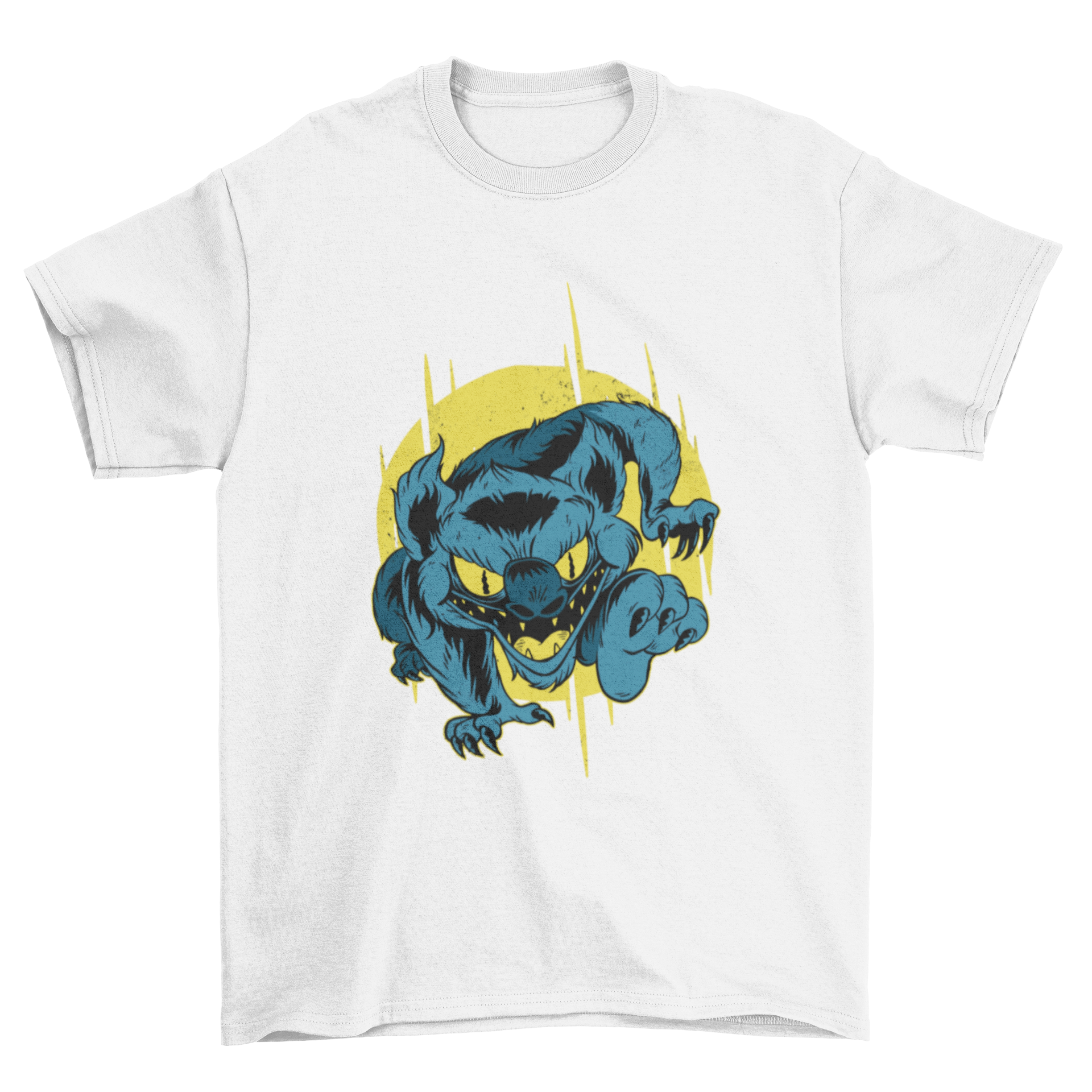 A vibrant T-shirt design featuring a furry charging monster in a playful pose.