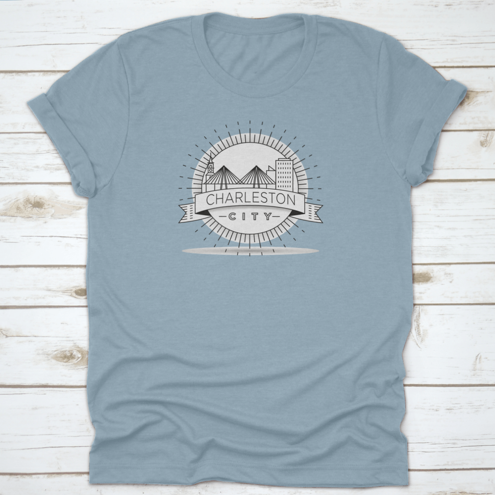 Charleston Linear City Skyline t-shirt featuring a round sun and black accents, made from 100% cotton for comfort.