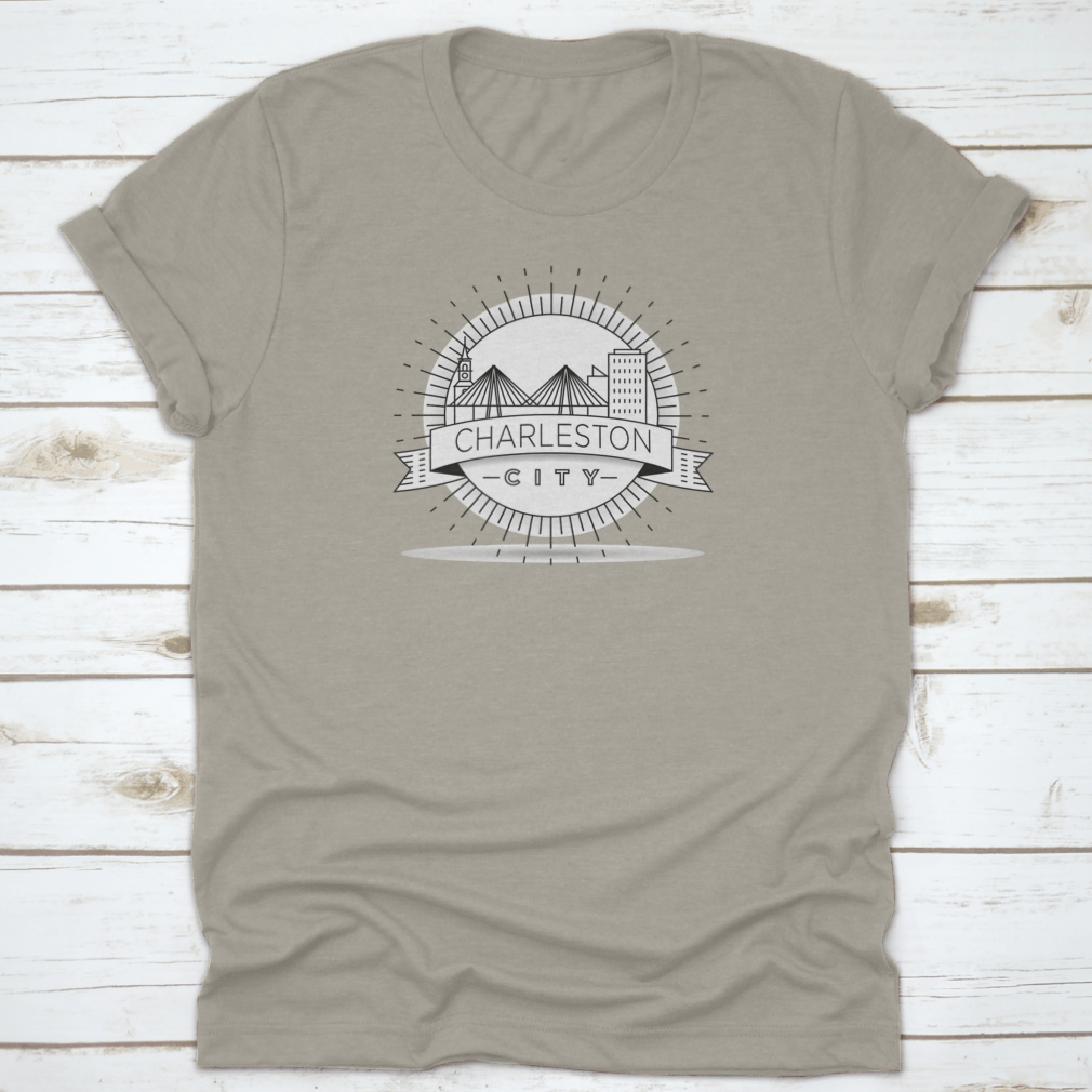 Charleston Linear City Skyline t-shirt featuring a round sun and black accents, made from 100% cotton for comfort.