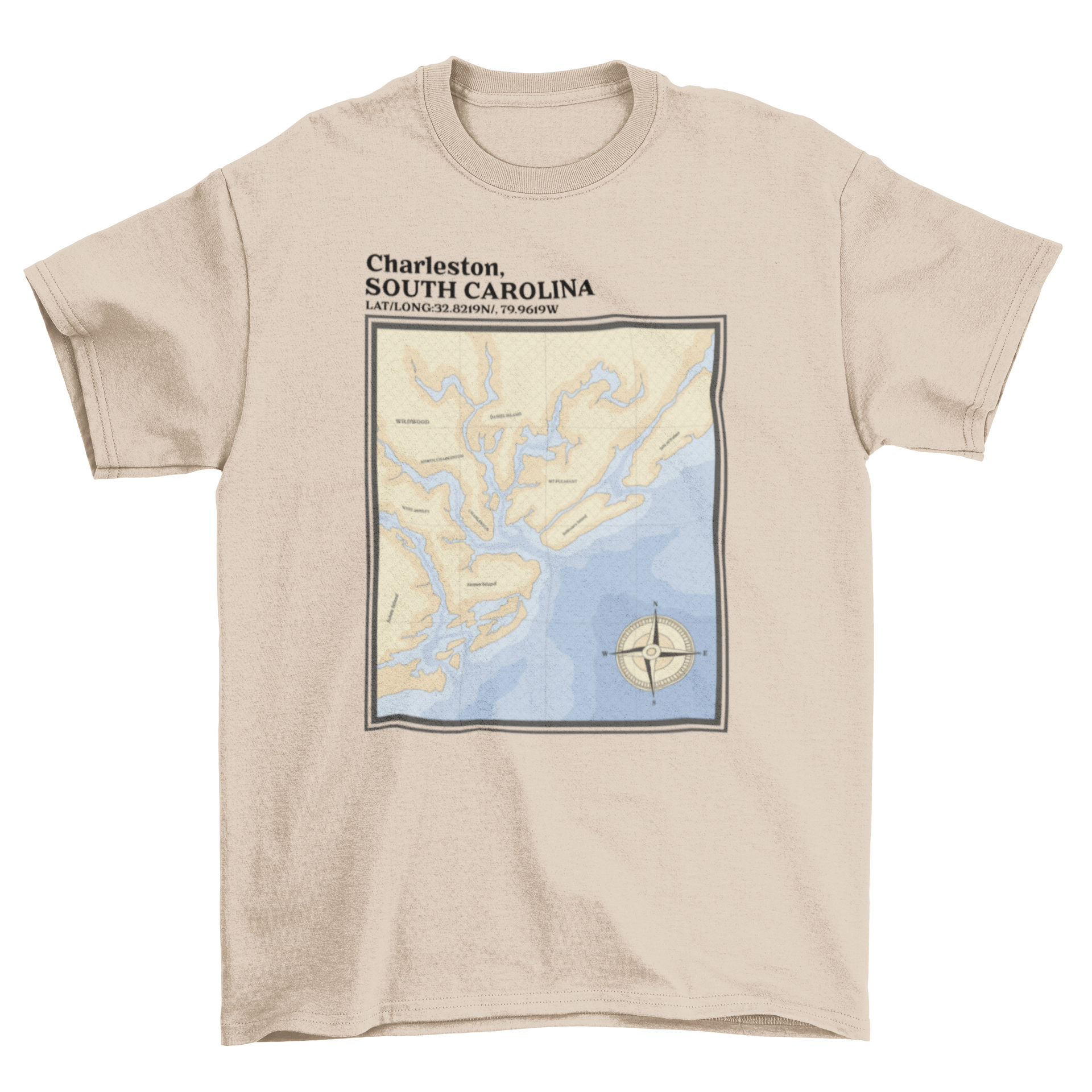 Charleston South Carolina nautic map t-shirt featuring a semi-flat design showcasing coastal waterways.