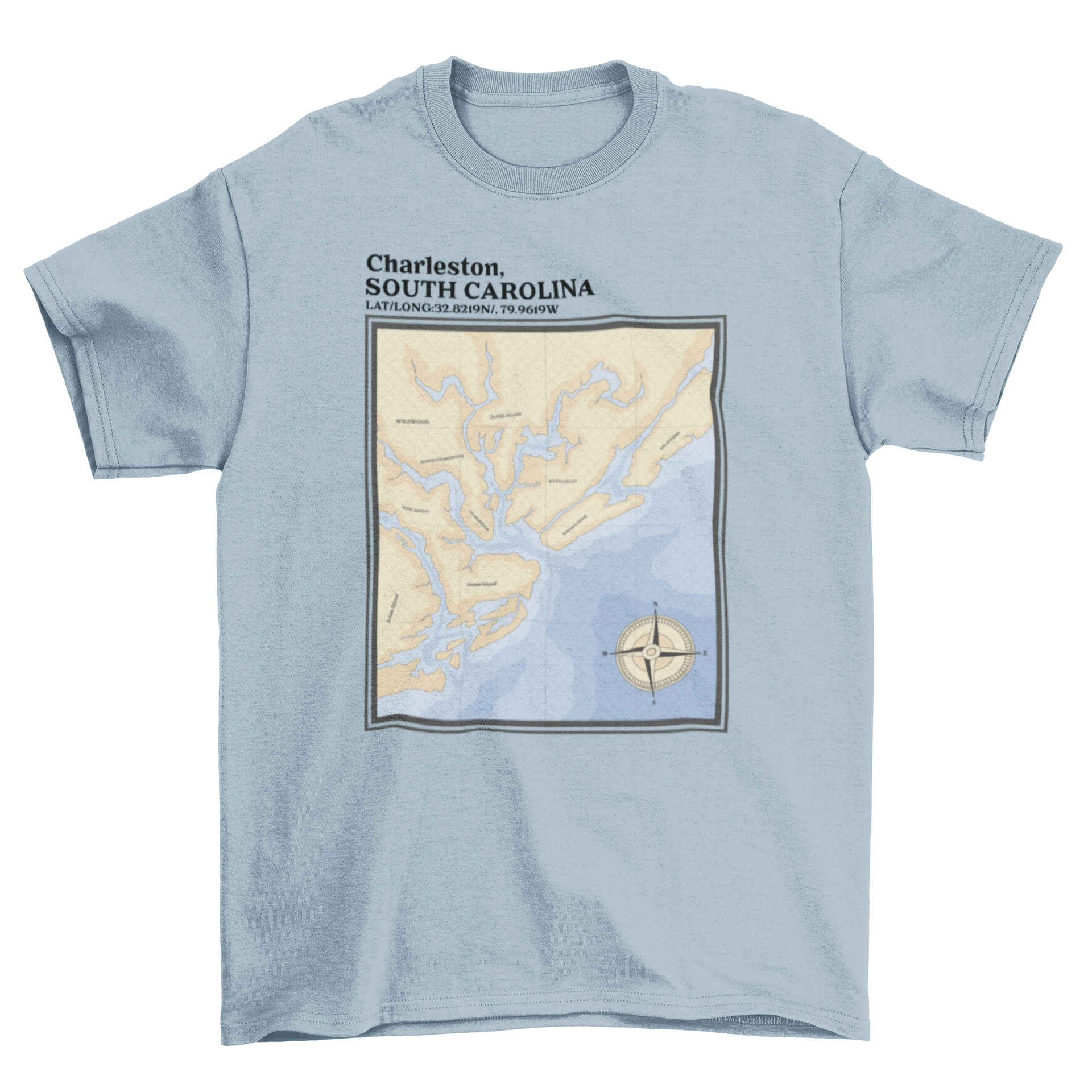 Charleston South Carolina nautic map t-shirt featuring a semi-flat design showcasing coastal waterways.