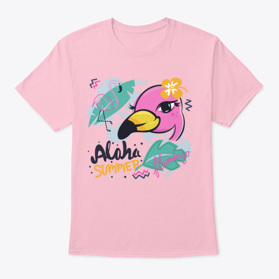 A charming pink flamingo cartoon design on a girl's t-shirt with tropical elements, showcasing vibrant colors and playful graphics.