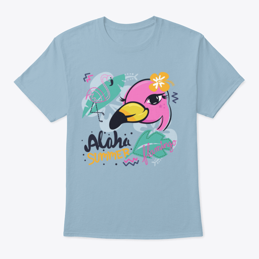 A charming pink flamingo cartoon design on a girl's t-shirt with tropical elements, showcasing vibrant colors and playful graphics.