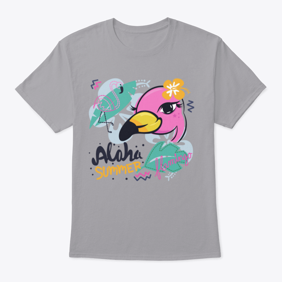 A charming pink flamingo cartoon design on a girl's t-shirt with tropical elements, showcasing vibrant colors and playful graphics.