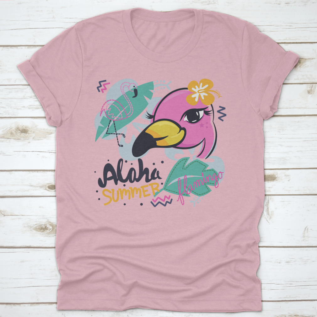 A charming pink flamingo cartoon design on a girl's t-shirt with tropical elements, showcasing vibrant colors and playful graphics.