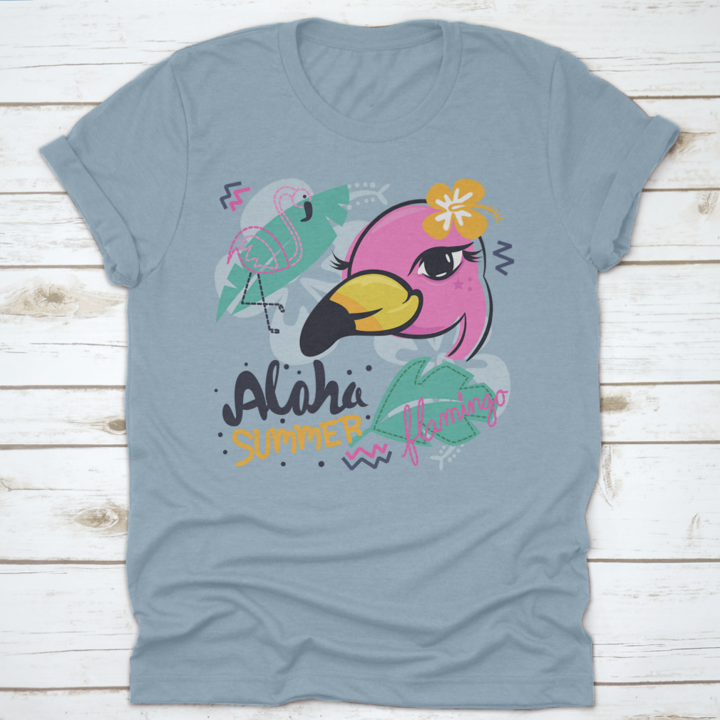 A charming pink flamingo cartoon design on a girl's t-shirt with tropical elements, showcasing vibrant colors and playful graphics.