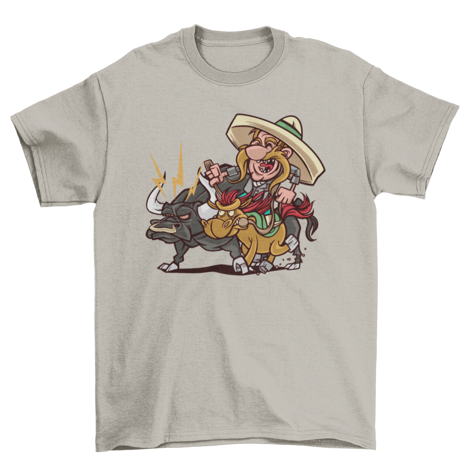 Charro bull t-shirt featuring a man practicing charrería, showcasing vibrant colors and dynamic design.