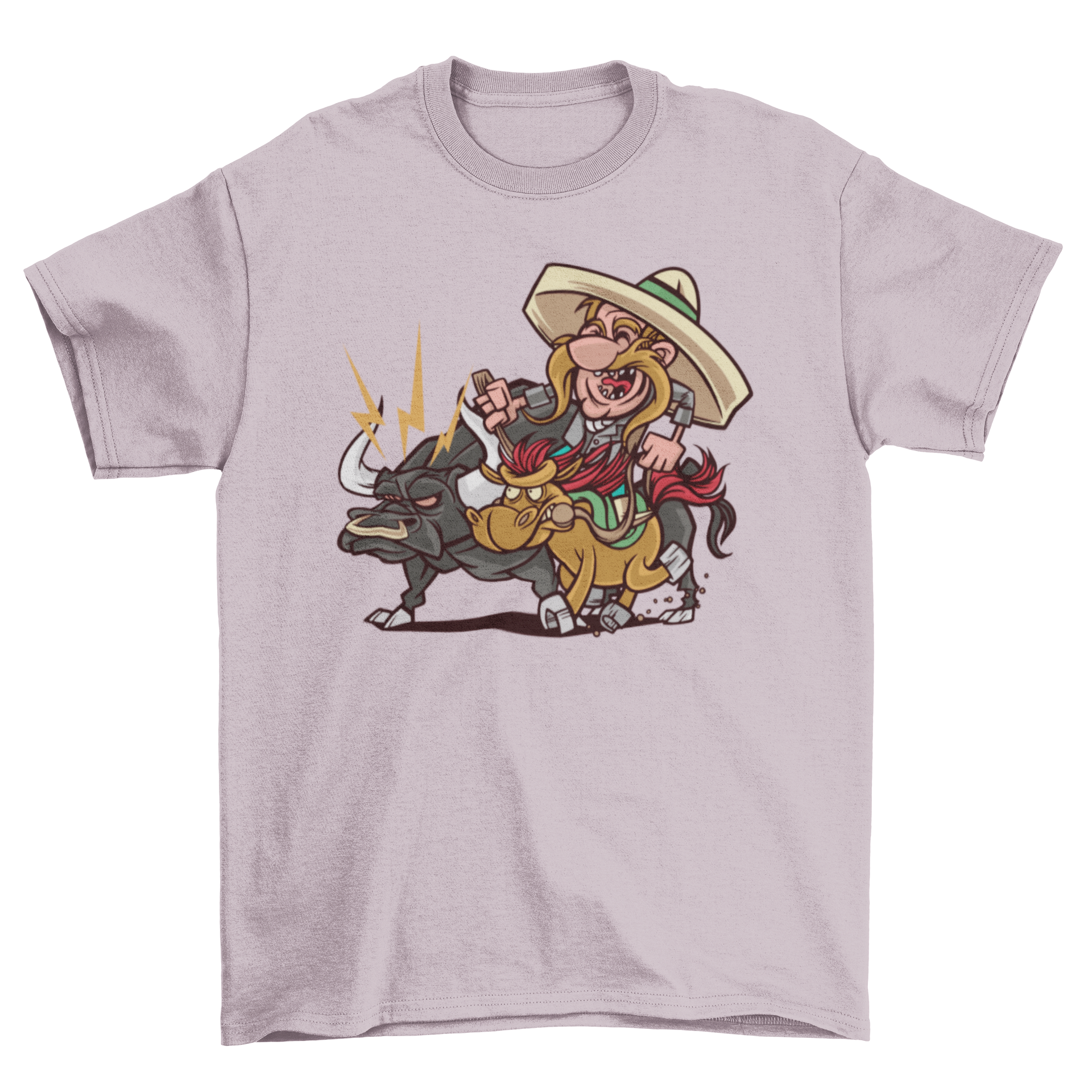 Charro bull t-shirt featuring a man practicing charrería, showcasing vibrant colors and dynamic design.