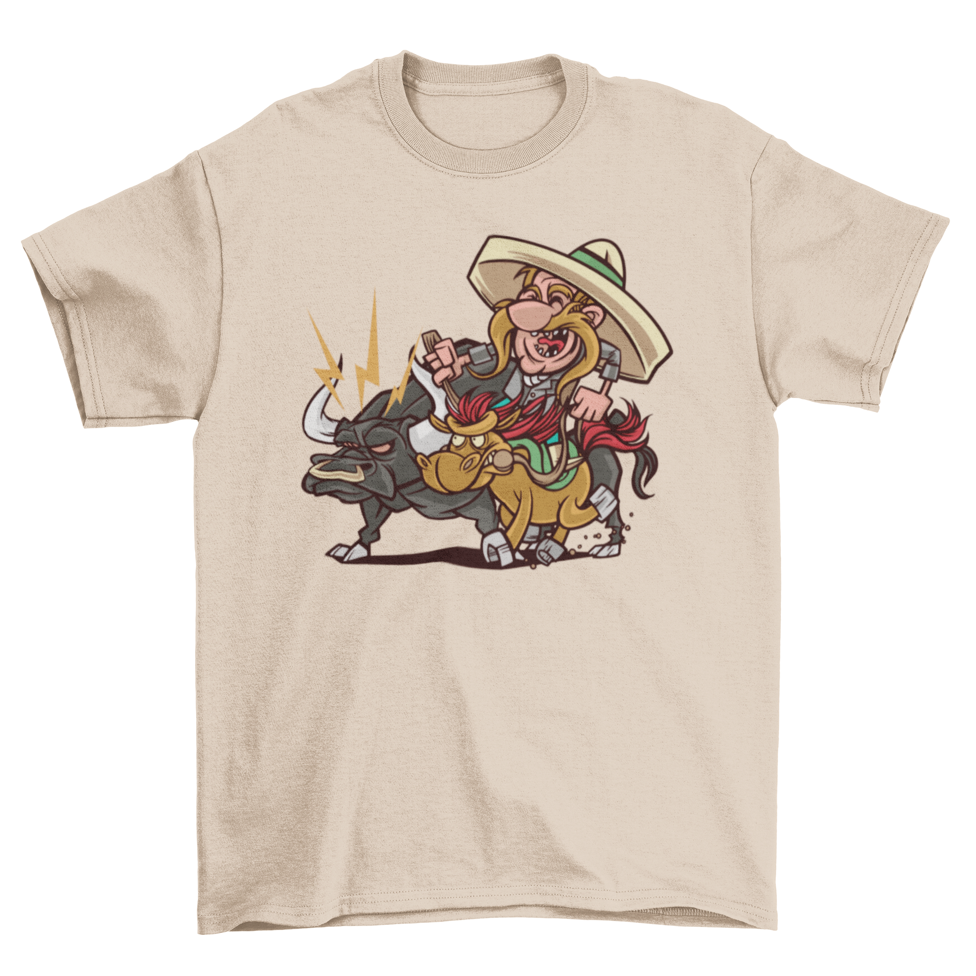 Charro bull t-shirt featuring a man practicing charrería, showcasing vibrant colors and dynamic design.