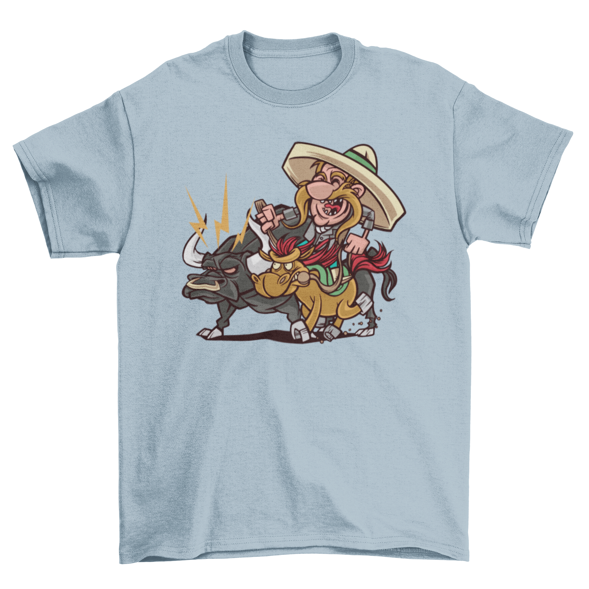 Charro bull t-shirt featuring a man practicing charrería, showcasing vibrant colors and dynamic design.