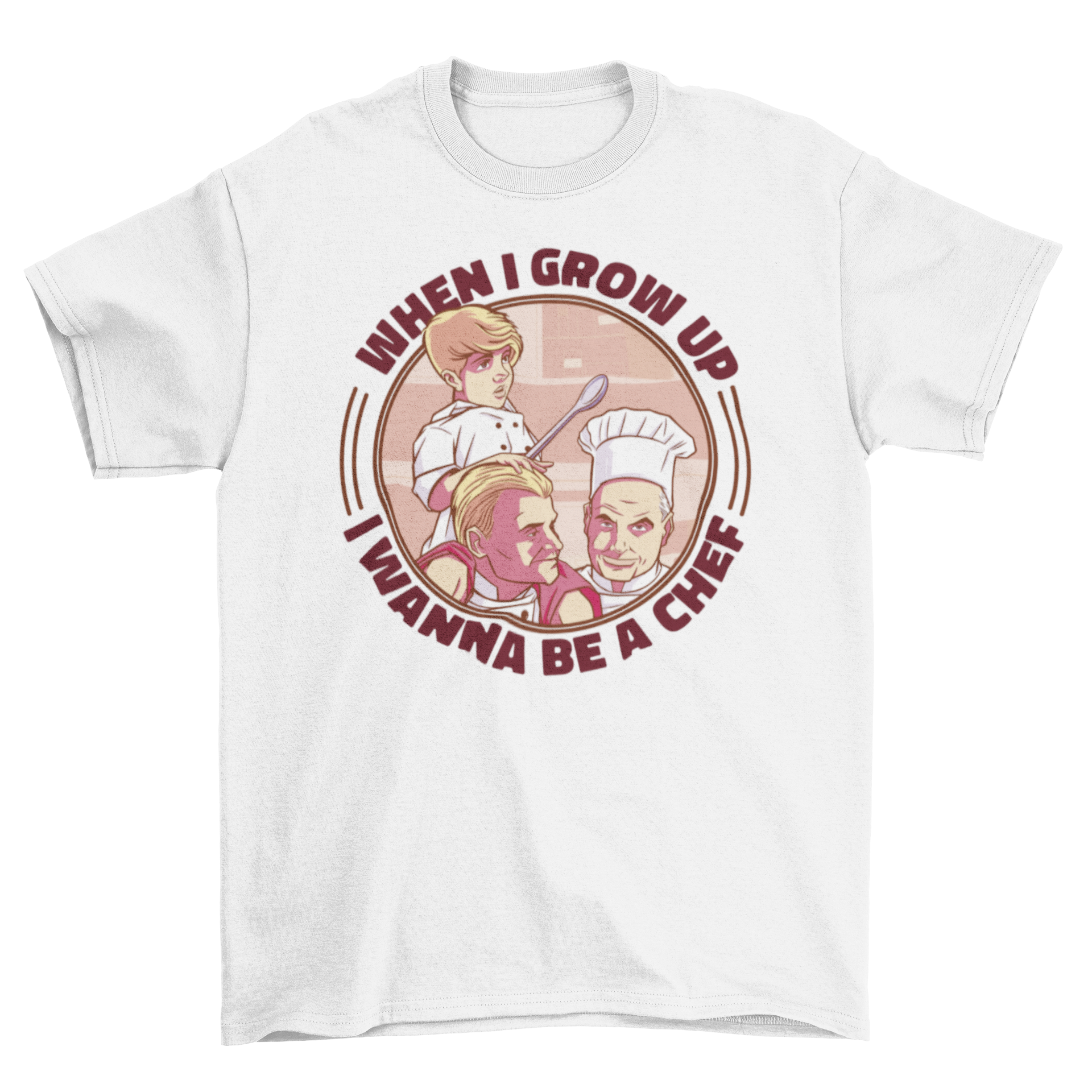 A colorful t-shirt featuring a kid dressed as a chef alongside two professional chefs, celebrating family cooking.