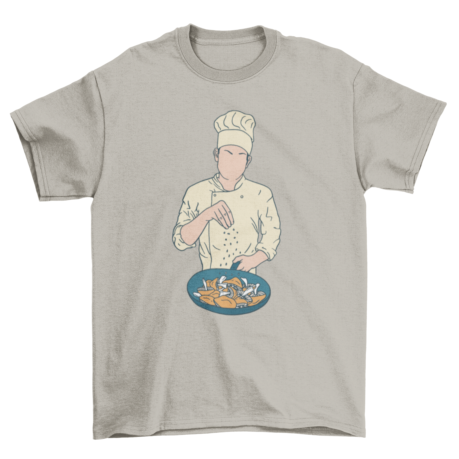 A stylish t-shirt featuring a chef salting mushrooms in a pan, perfect for culinary enthusiasts.
