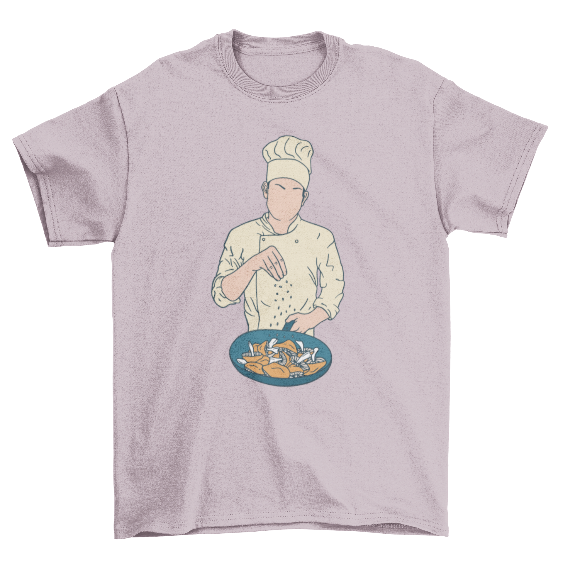 A stylish t-shirt featuring a chef salting mushrooms in a pan, perfect for culinary enthusiasts.