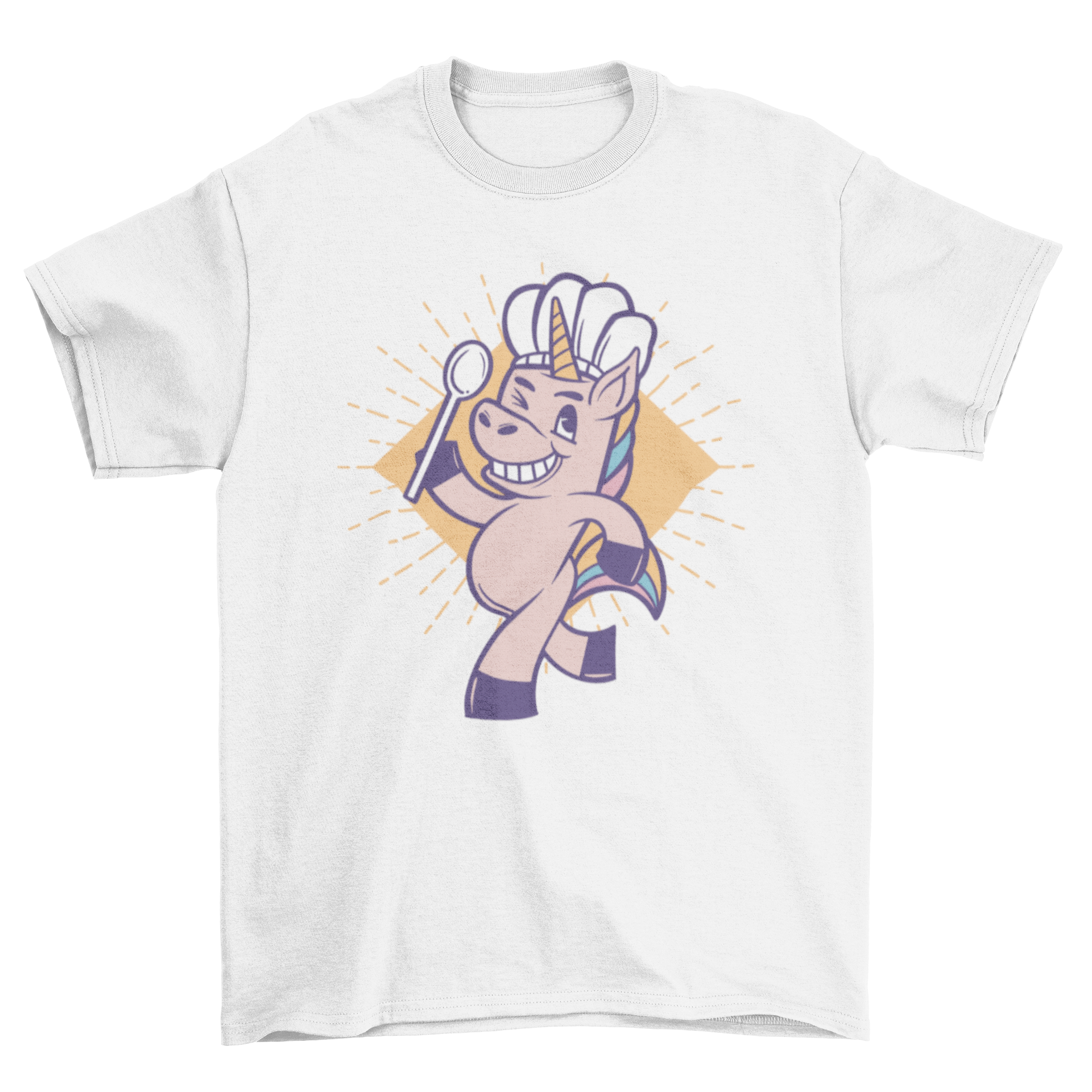 A colorful cartoon-style t-shirt featuring a unicorn in a chef hat holding a spoon, perfect for cooking enthusiasts.