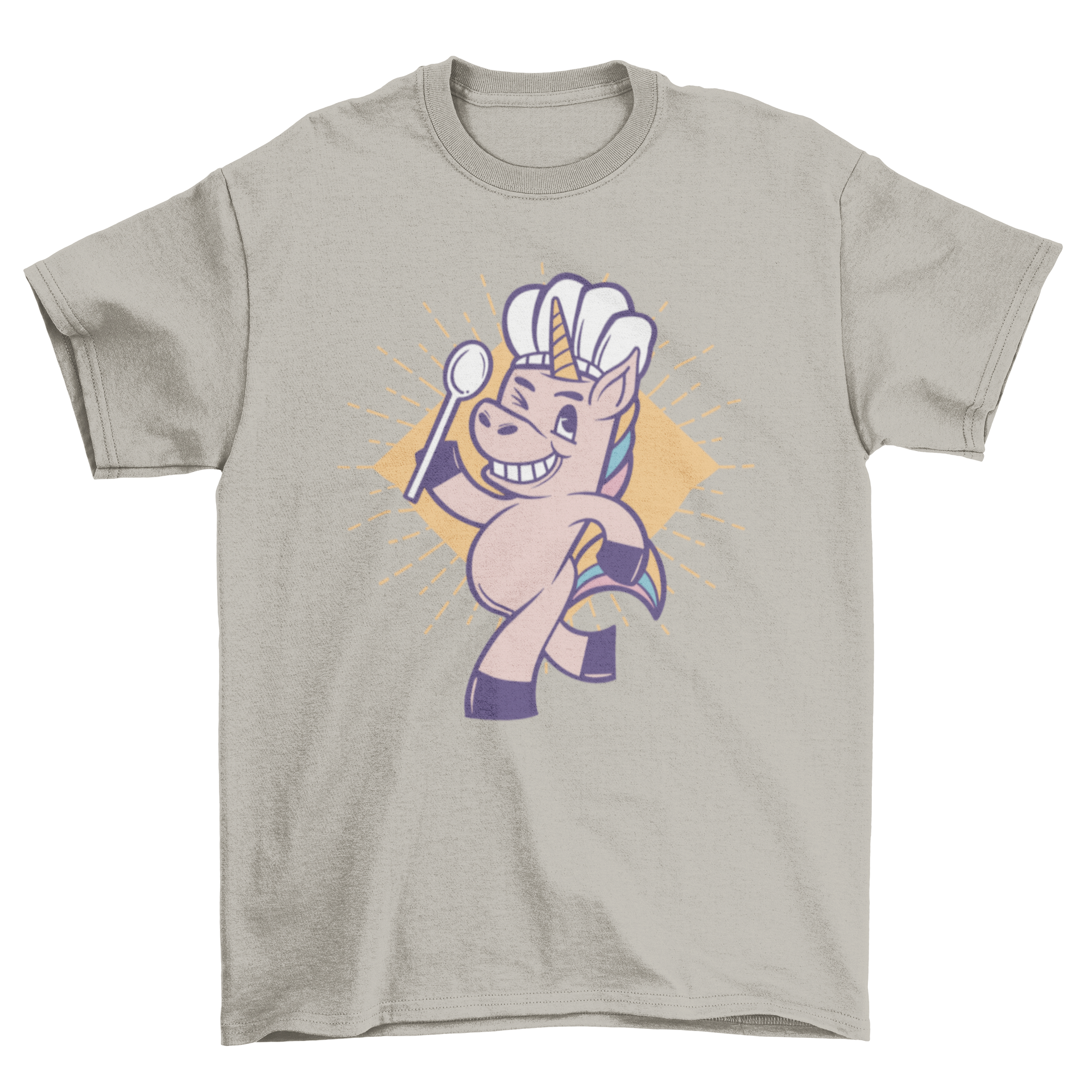 A colorful cartoon-style t-shirt featuring a unicorn in a chef hat holding a spoon, perfect for cooking enthusiasts.