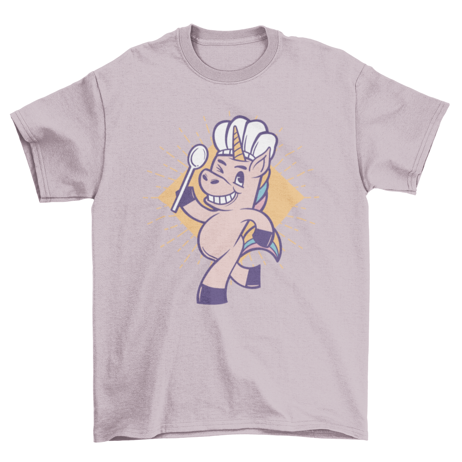 A colorful cartoon-style t-shirt featuring a unicorn in a chef hat holding a spoon, perfect for cooking enthusiasts.