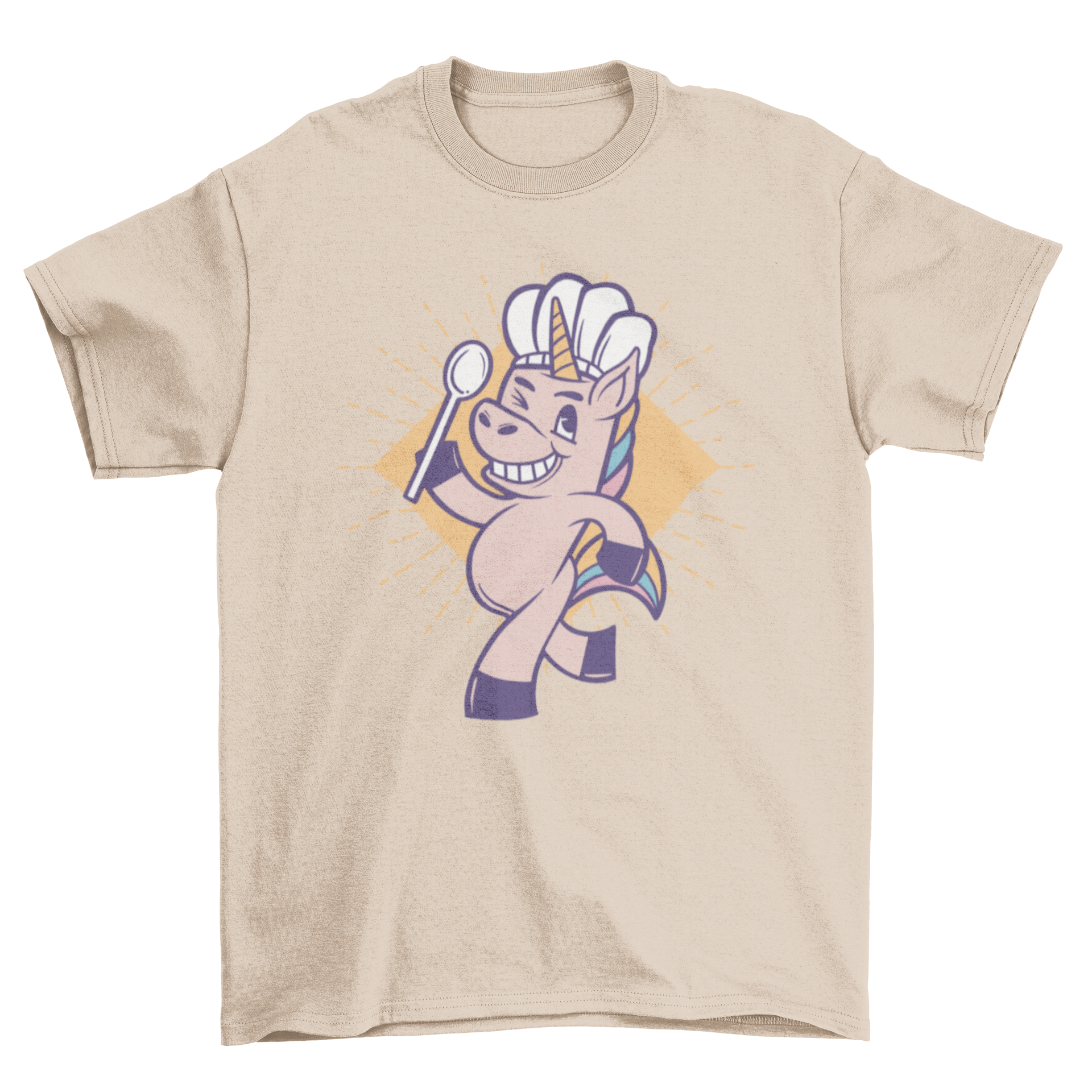 A colorful cartoon-style t-shirt featuring a unicorn in a chef hat holding a spoon, perfect for cooking enthusiasts.