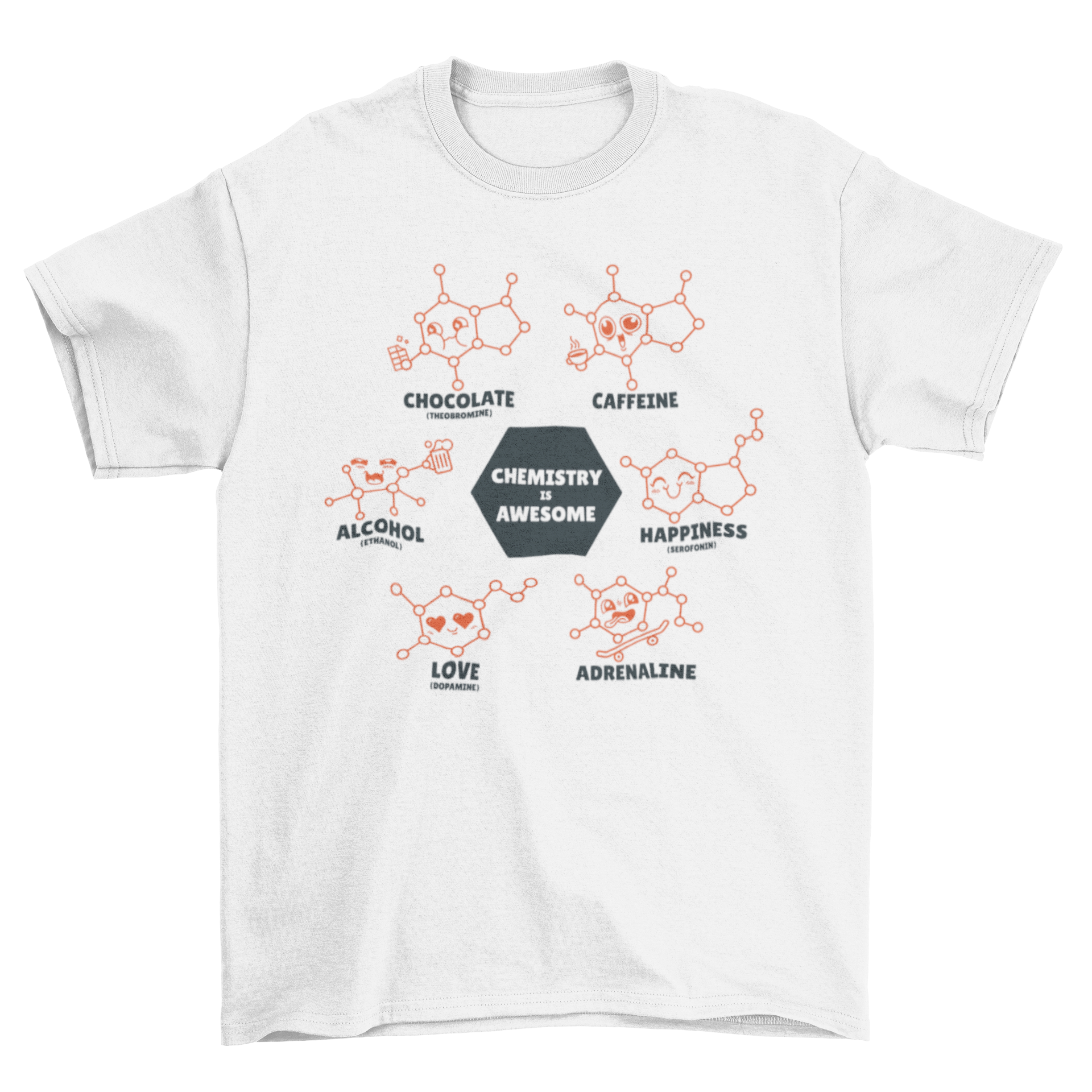 A stylish t-shirt featuring various molecular structures and the quote 'Chemistry is awesome' in vibrant colors.