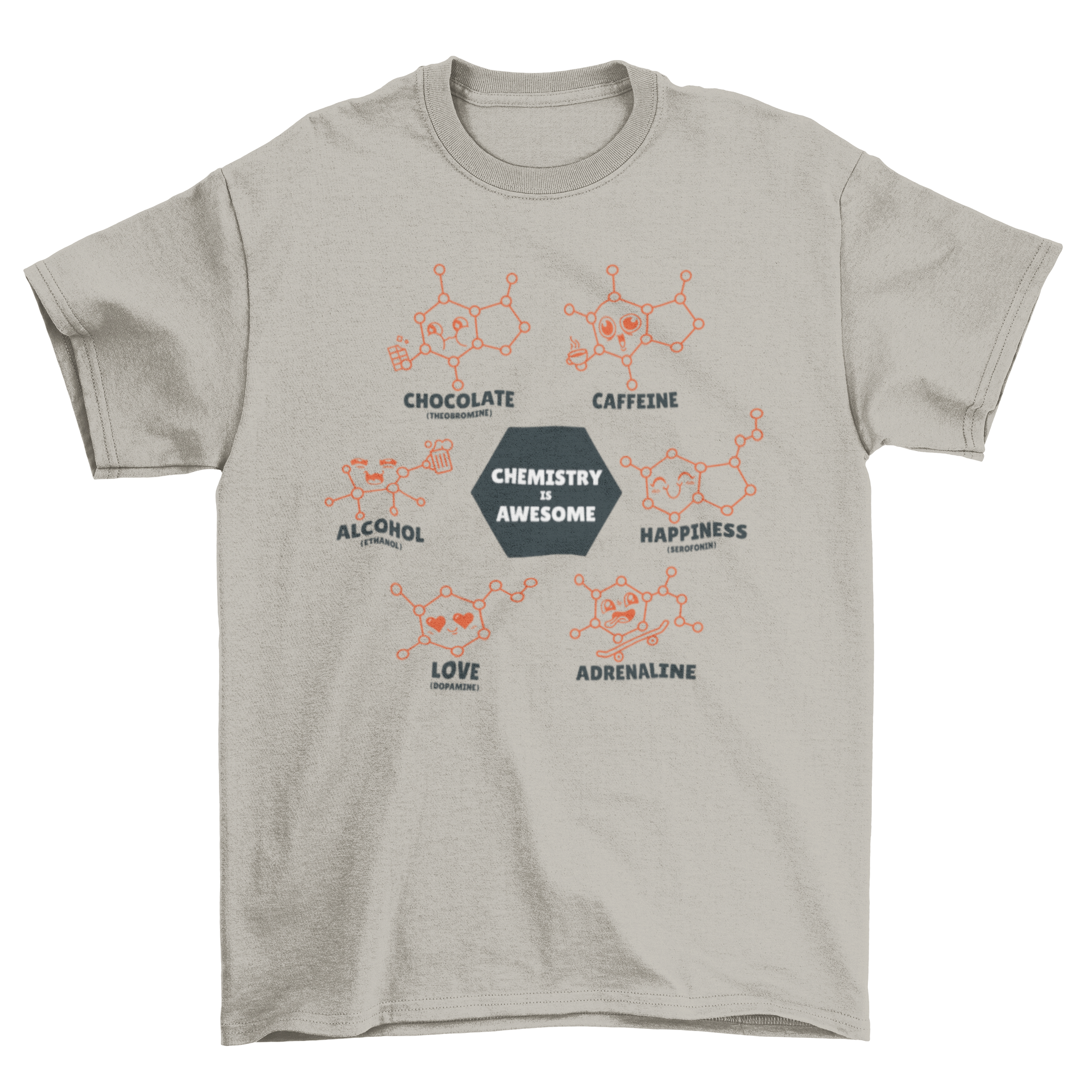 A stylish t-shirt featuring various molecular structures and the quote 'Chemistry is awesome' in vibrant colors.
