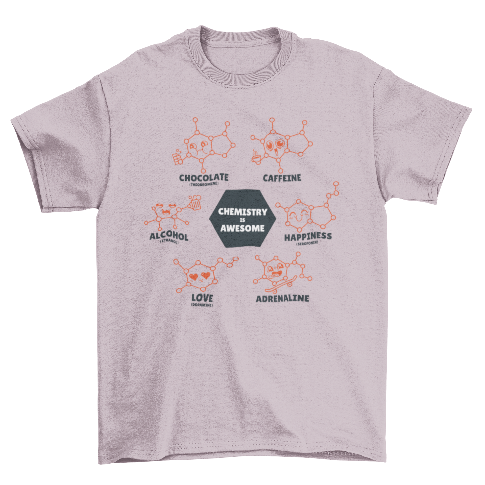 A stylish t-shirt featuring various molecular structures and the quote 'Chemistry is awesome' in vibrant colors.