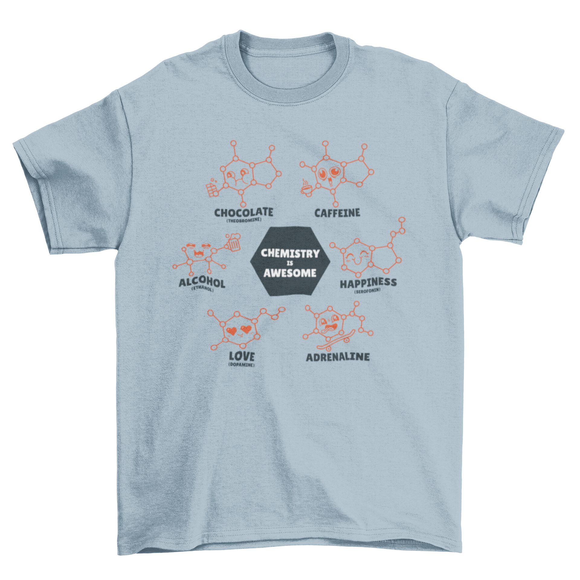 A stylish t-shirt featuring various molecular structures and the quote 'Chemistry is awesome' in vibrant colors.
