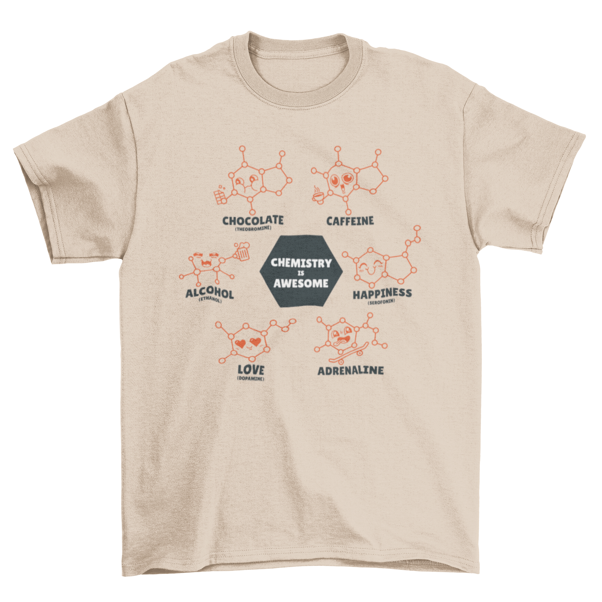 A stylish t-shirt featuring various molecular structures and the quote 'Chemistry is awesome' in vibrant colors.