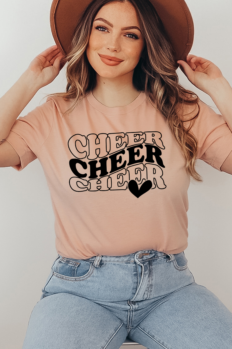 A stylish Cheer T-shirt made from premium ring spun cotton, featuring a vibrant flex print design.