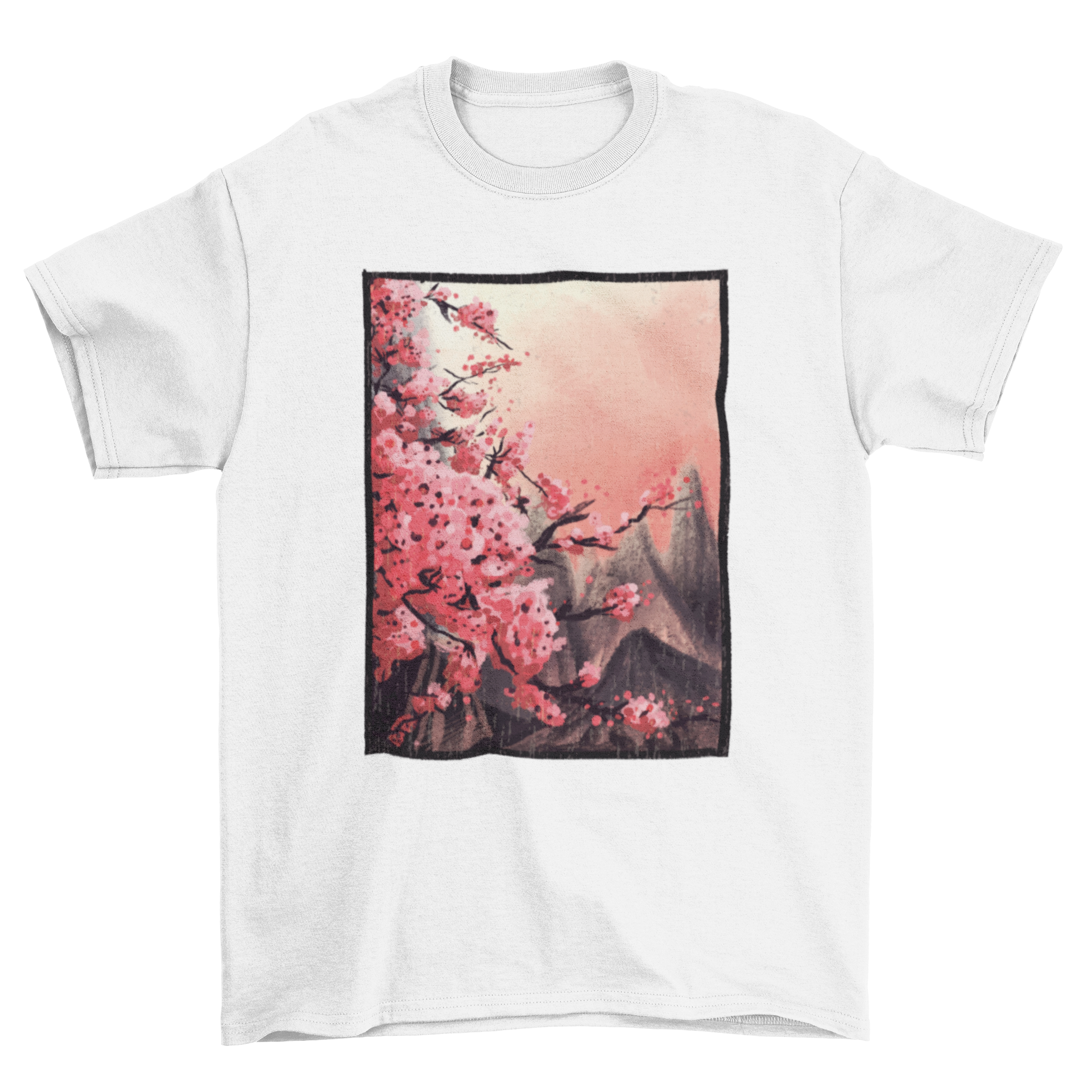 Cherry blossom painting t-shirt featuring a Japanese landscape with cherry blossoms and mountains.