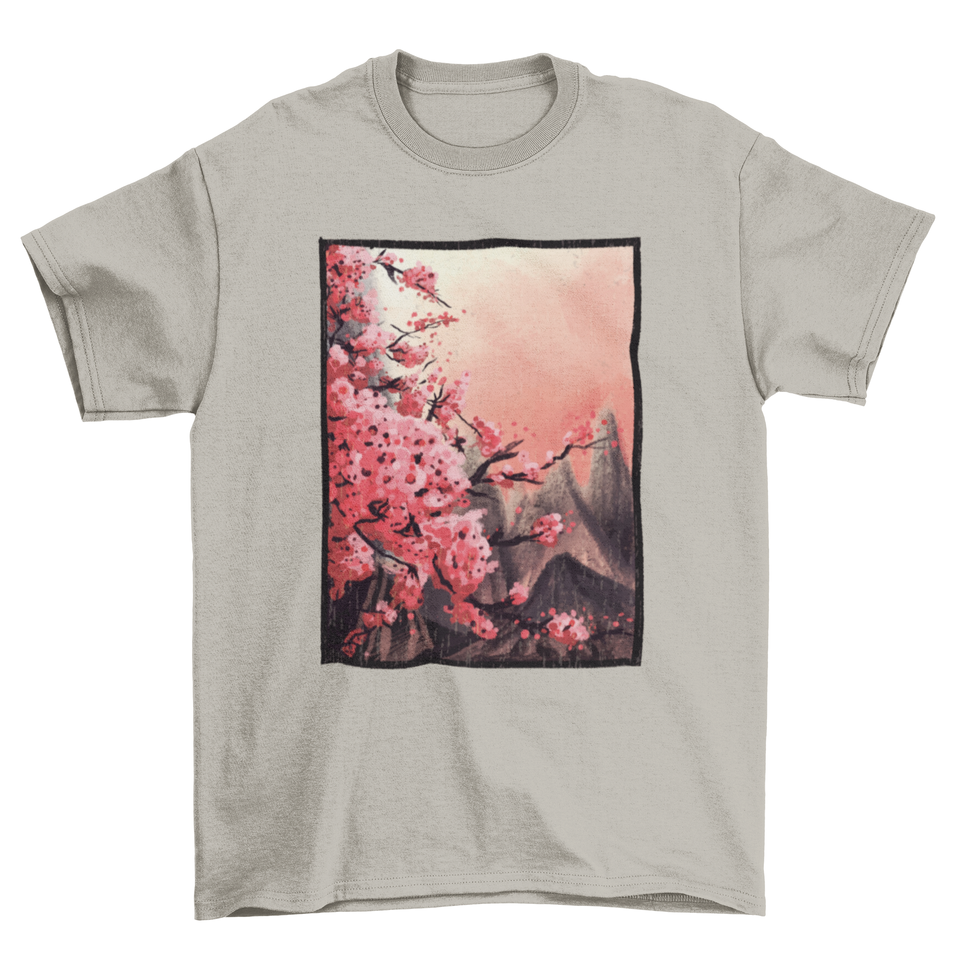 Cherry blossom painting t-shirt featuring a Japanese landscape with cherry blossoms and mountains.