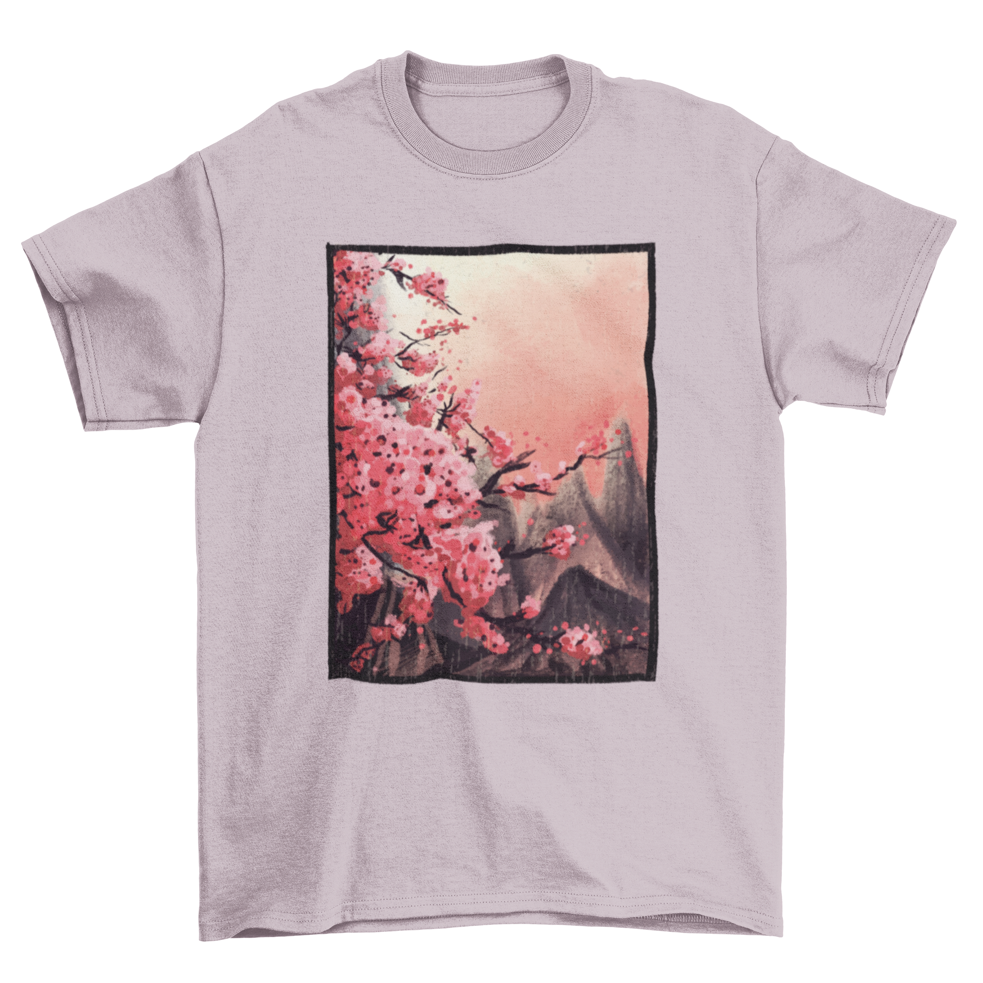 Cherry blossom painting t-shirt featuring a Japanese landscape with cherry blossoms and mountains.