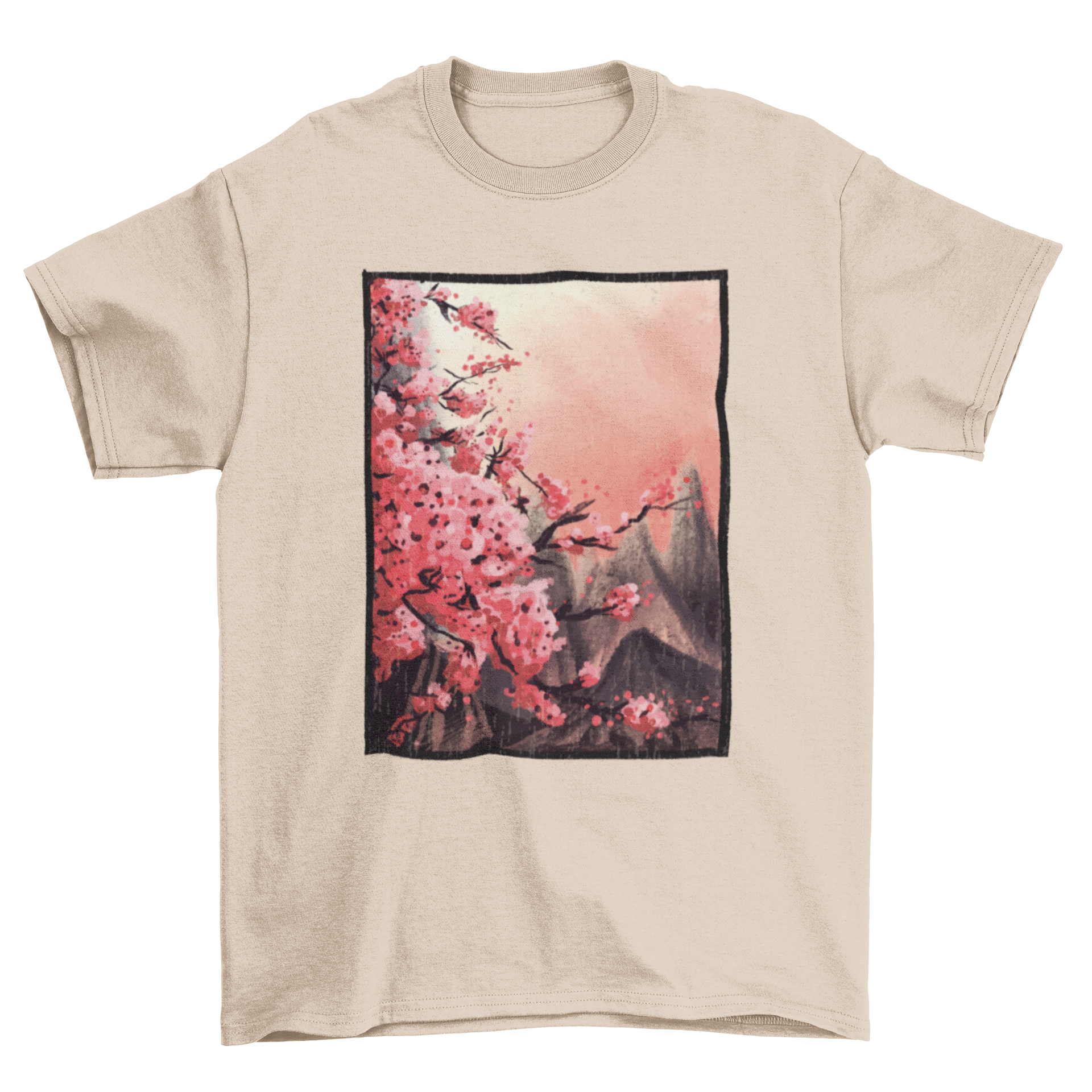 Cherry blossom painting t-shirt featuring a Japanese landscape with cherry blossoms and mountains.