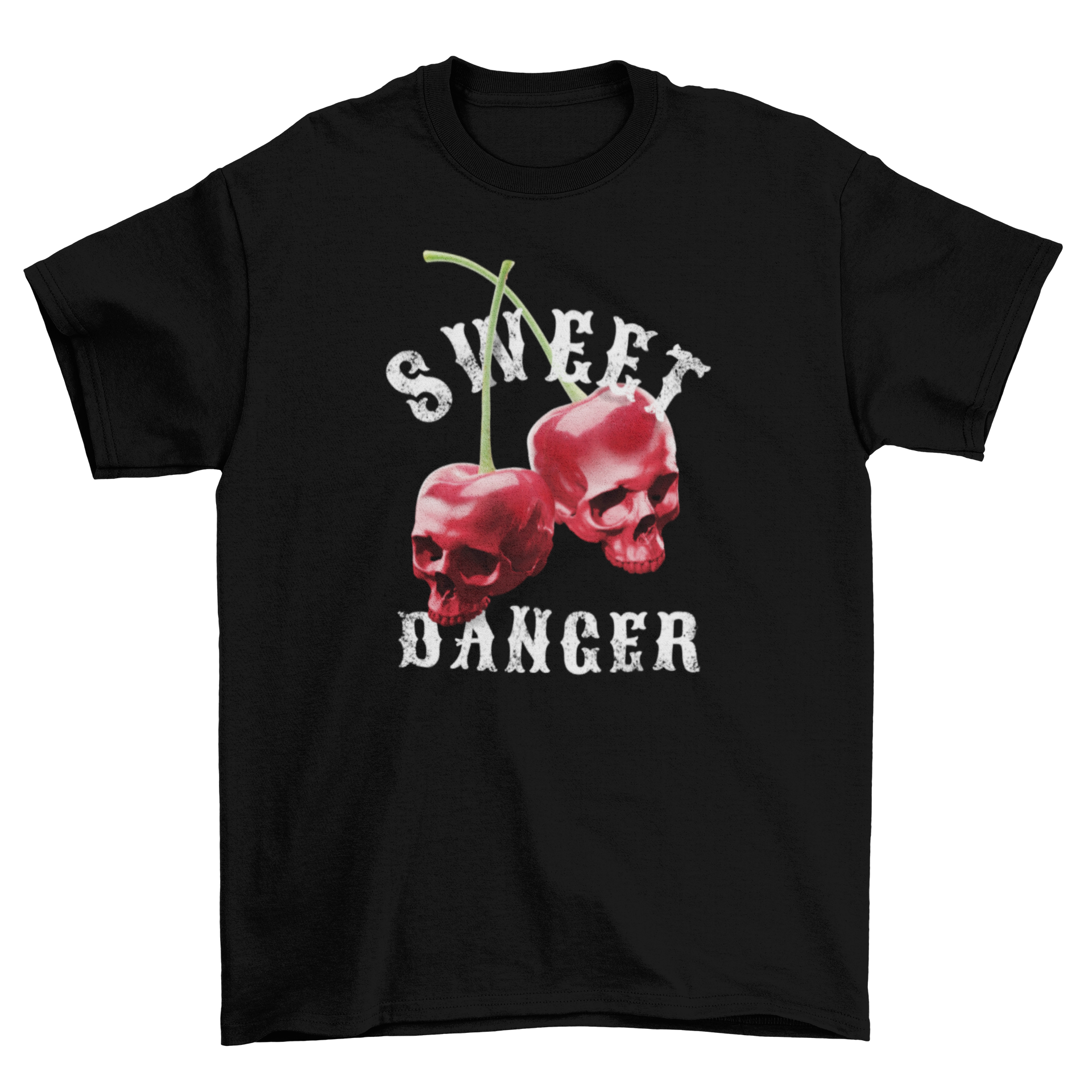 Cherry skulls fruits t-shirt featuring two cherries shaped like skulls with the quote 'Sweet danger'.